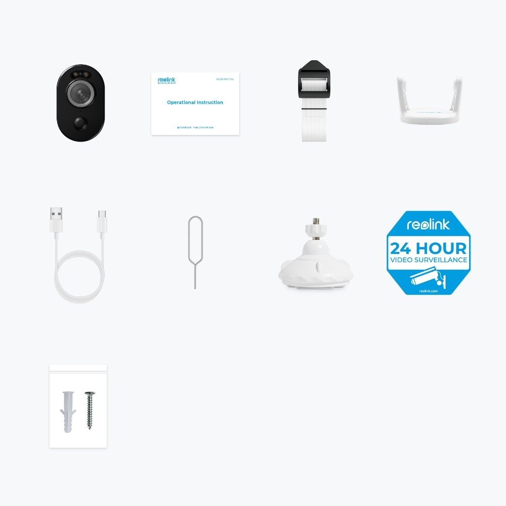 Verschiedene Reolink Überwachungskamera-Teile: Kamera, Halterung, Kabel, Schrauben und Anweisungen.