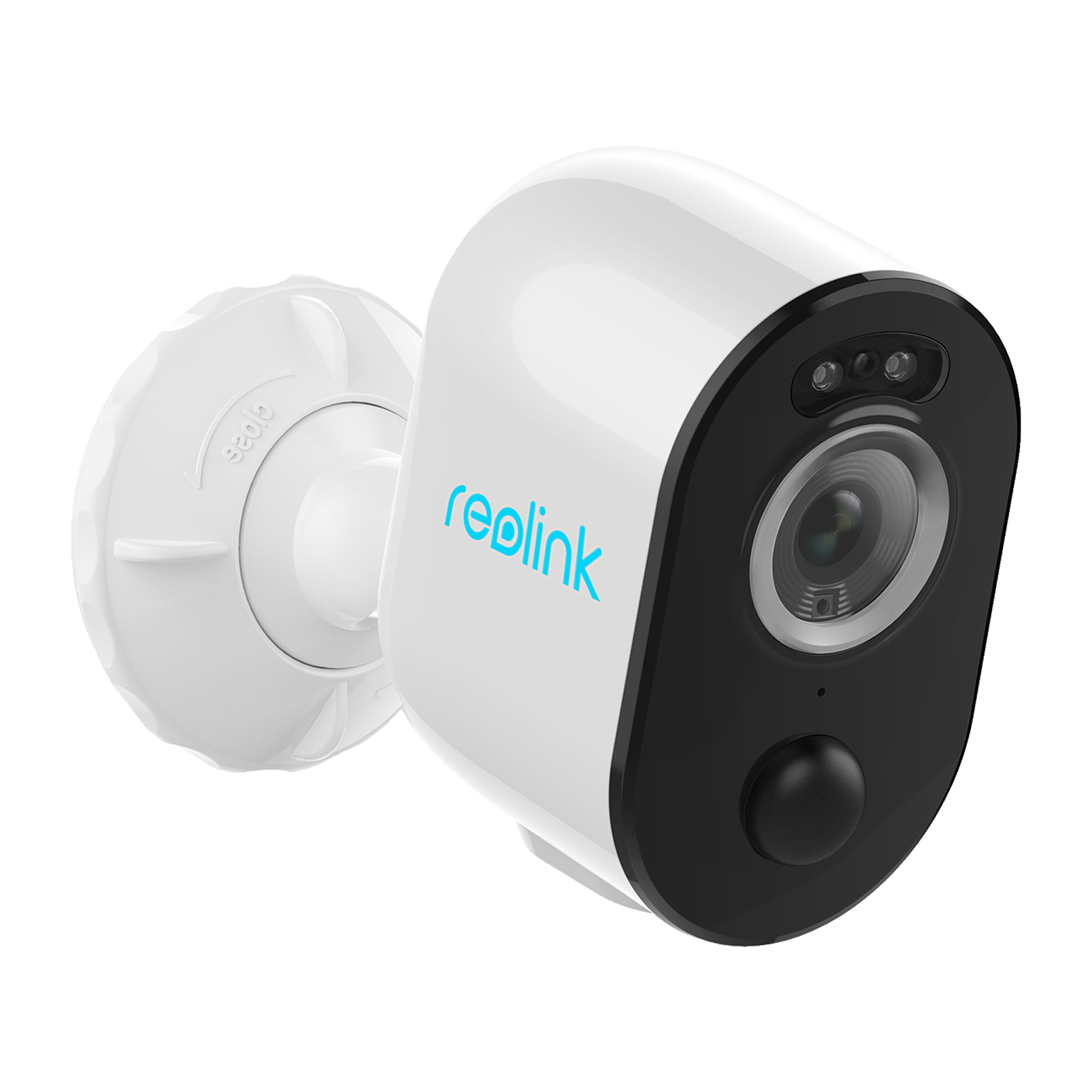 Weiße und schwarze Überwachungskamera mit blauem 'reolink' Logo, an einer weißen Wandhalterung befestigt.