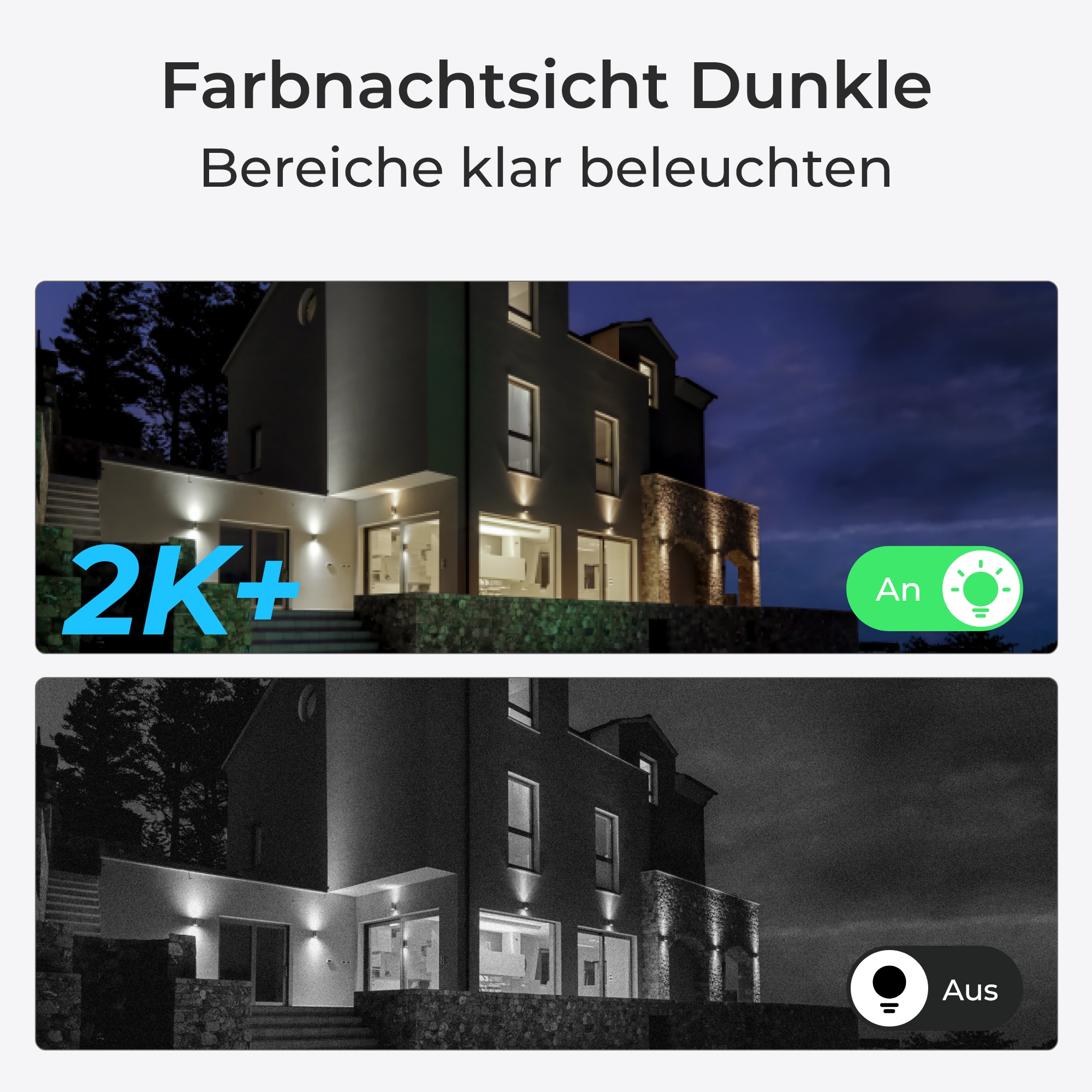 Das Bild zeigt ein Haus bei Nacht mit eingeschalteten Lichtern. Zwei Bilder, eines in Farbe, eines in Schwarzweiß.