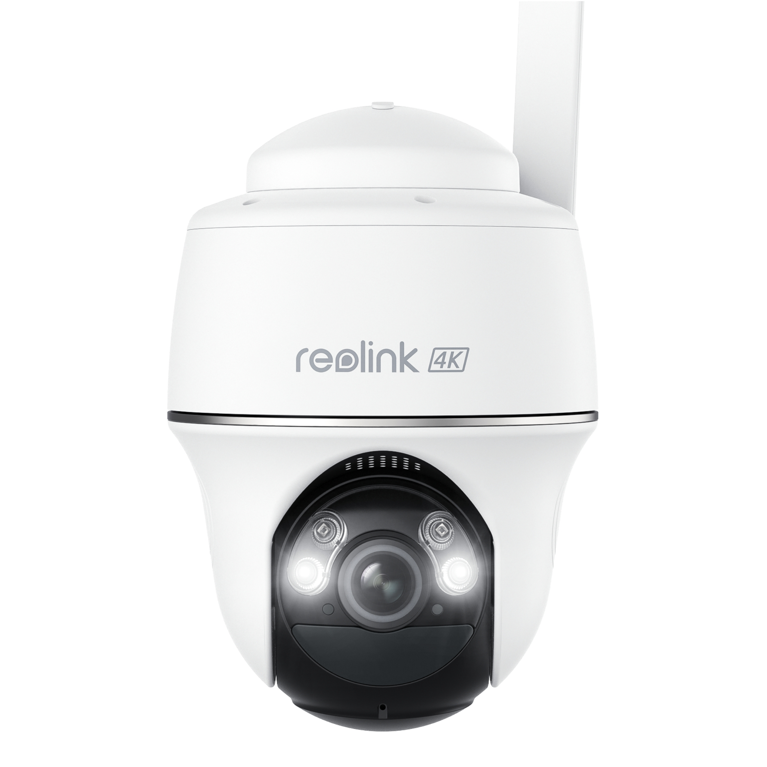 Weiße Überwachungskamera mit abgerundeter Oberseite und Markennamen an der Seite.