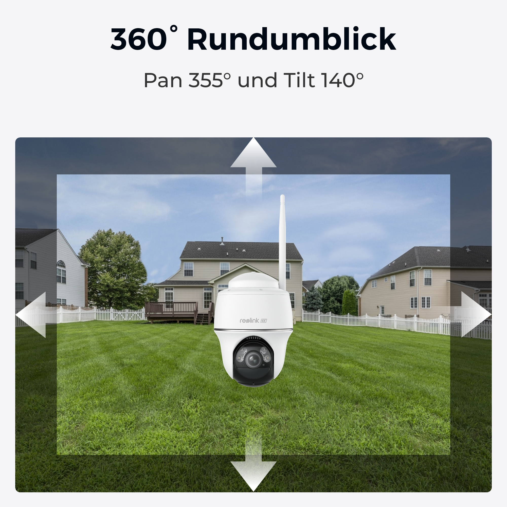 Eine Überwachungskamera mit Blick auf ein Haus und einen Garten, Pfeile zeigen den Blickbereich.