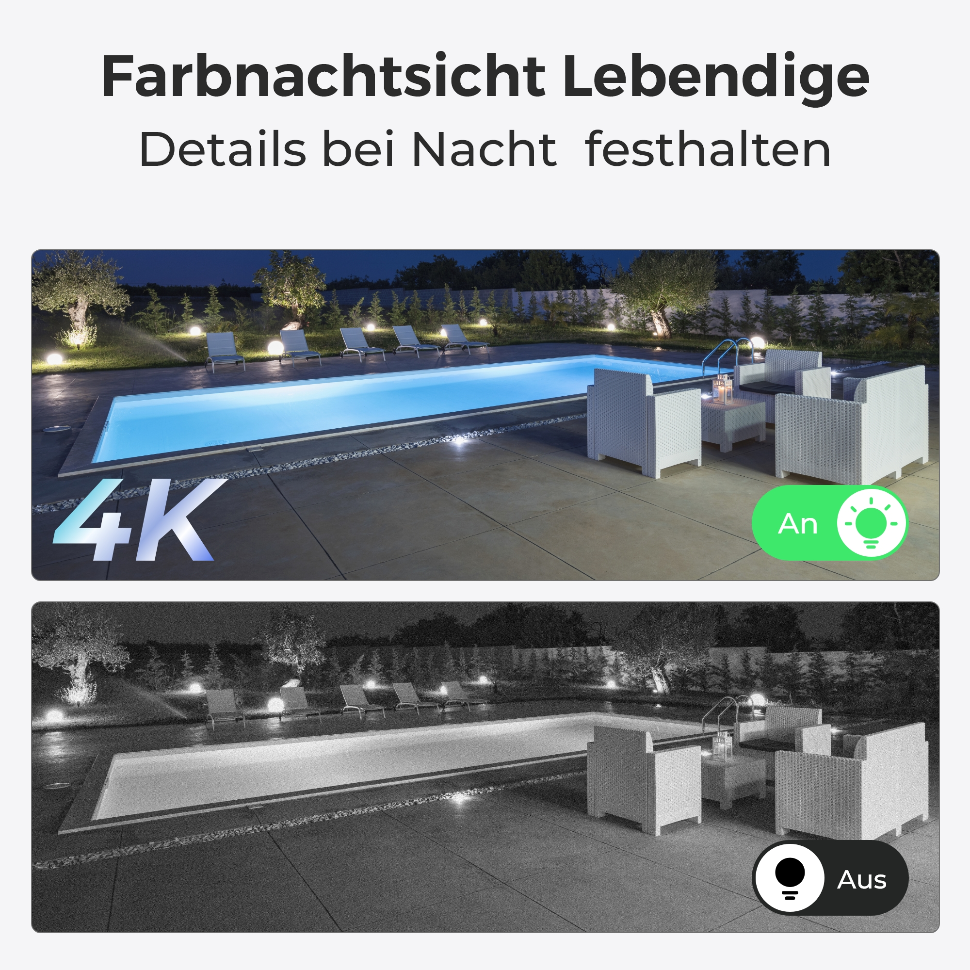 Zwei Ansichten eines Pools bei Nacht. Eine ist 4K mit Licht, die andere ist schwarzweiß.