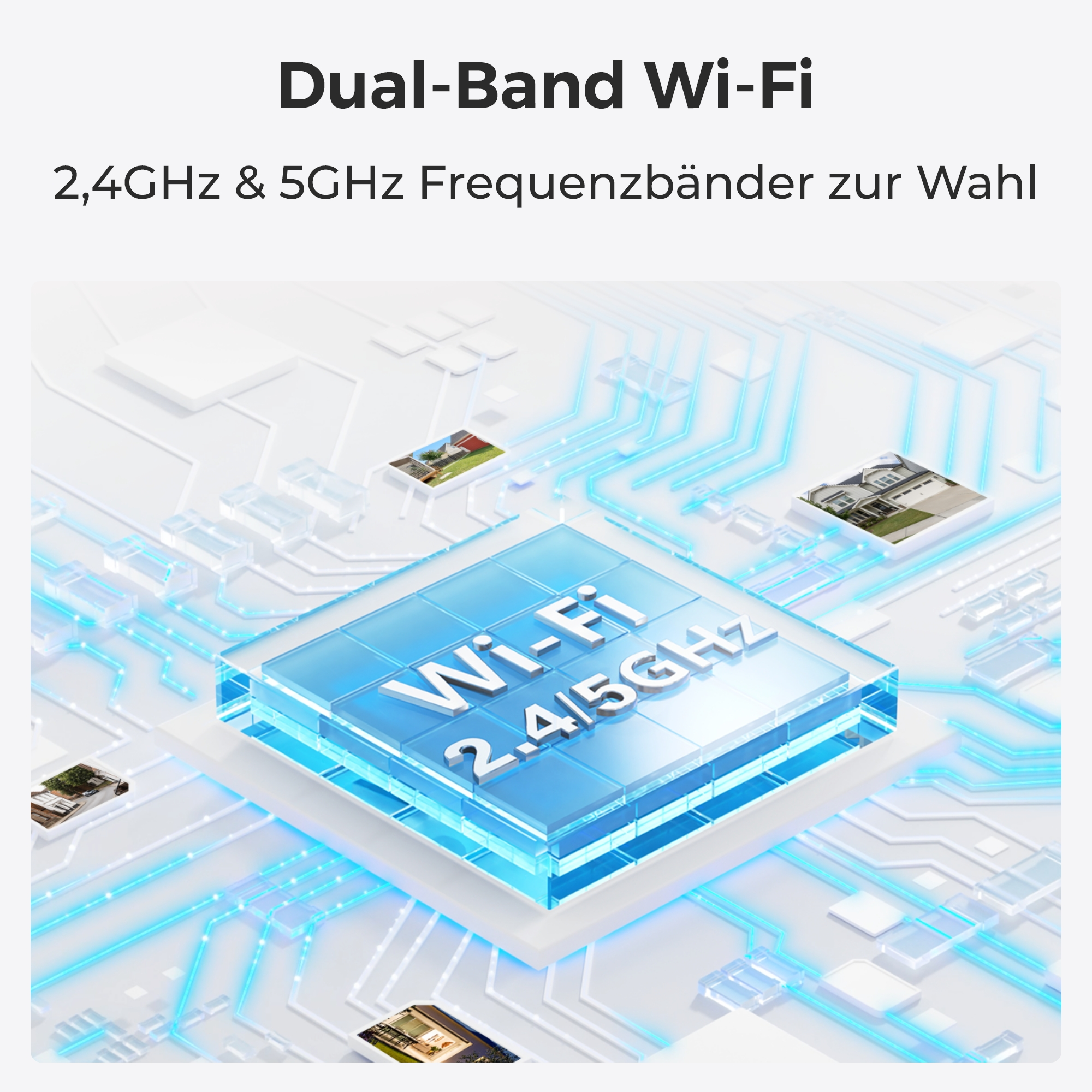 WLAN-Grafik mit Häusern und einem WLAN-Symbol. Blaues und weißes Farbschema.