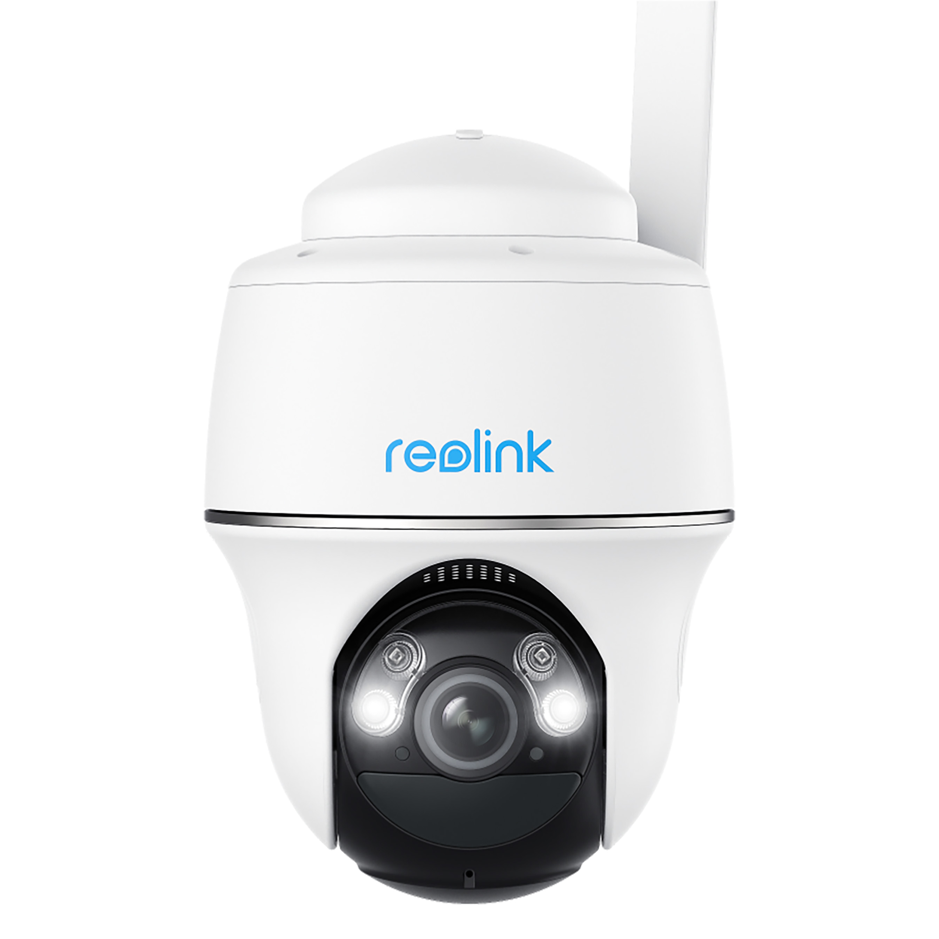 Weiße Überwachungskamera mit schwarzem Objektiv und weißer Antenne.