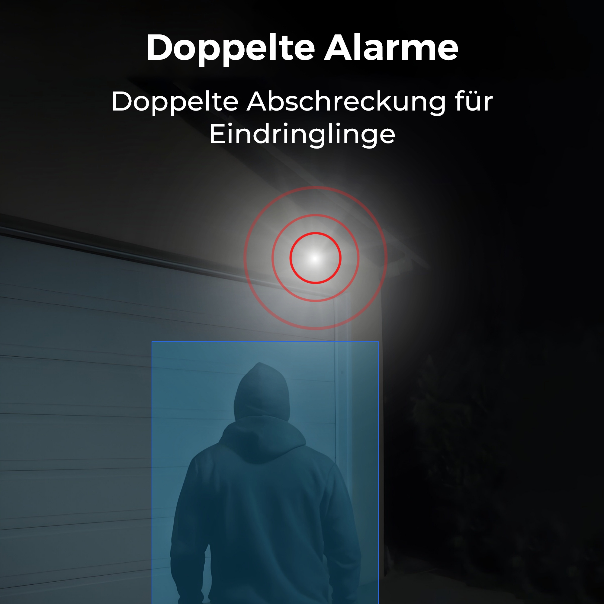 Nachtbild eines Hauses mit einer Person im Kapuzenpullover und einem roten Kreis, der ein Licht hervorhebt.