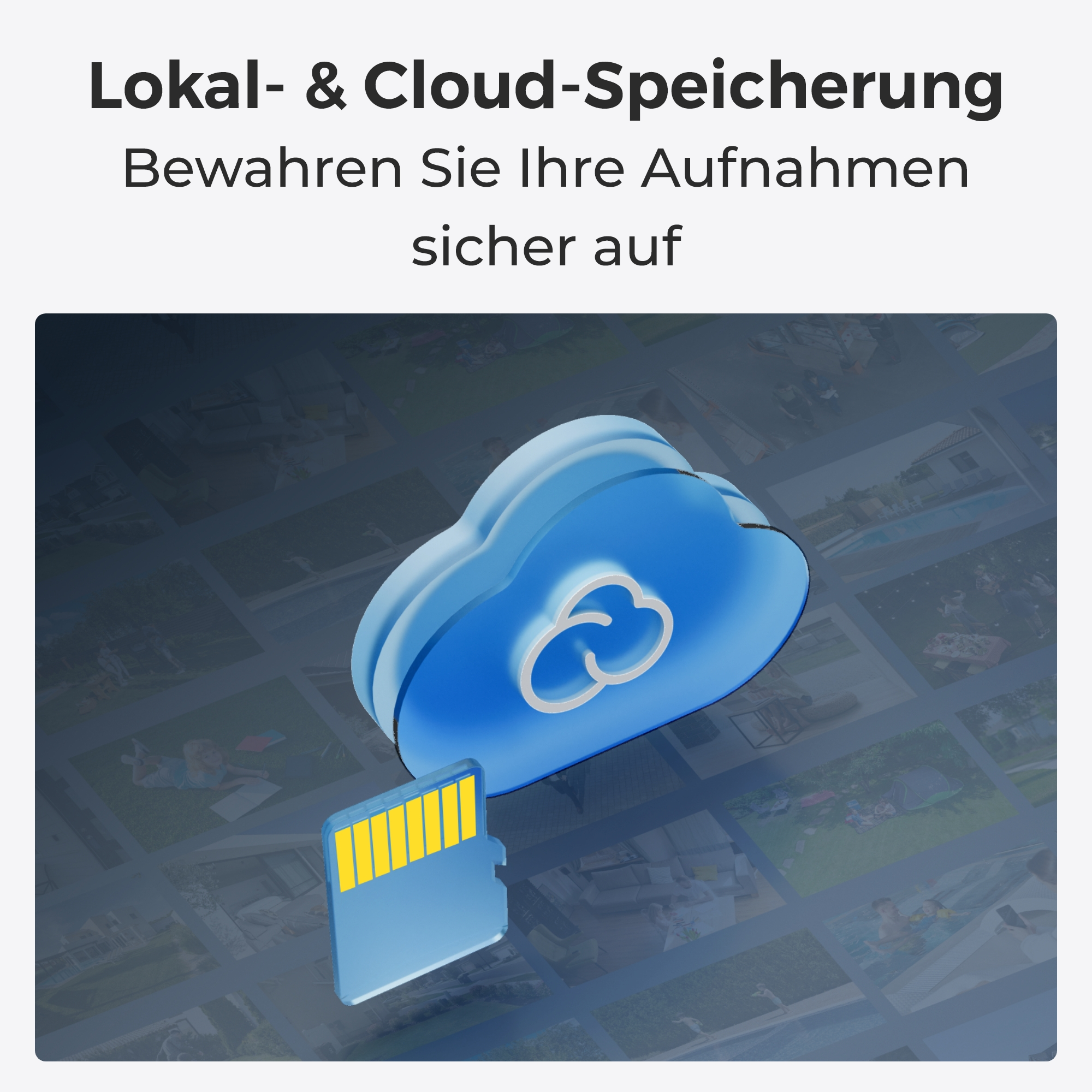 Ein Wolkensymbol mit blauem Umriss vor verschwommenem Hintergrund von Bildern und einer SD-Karte.