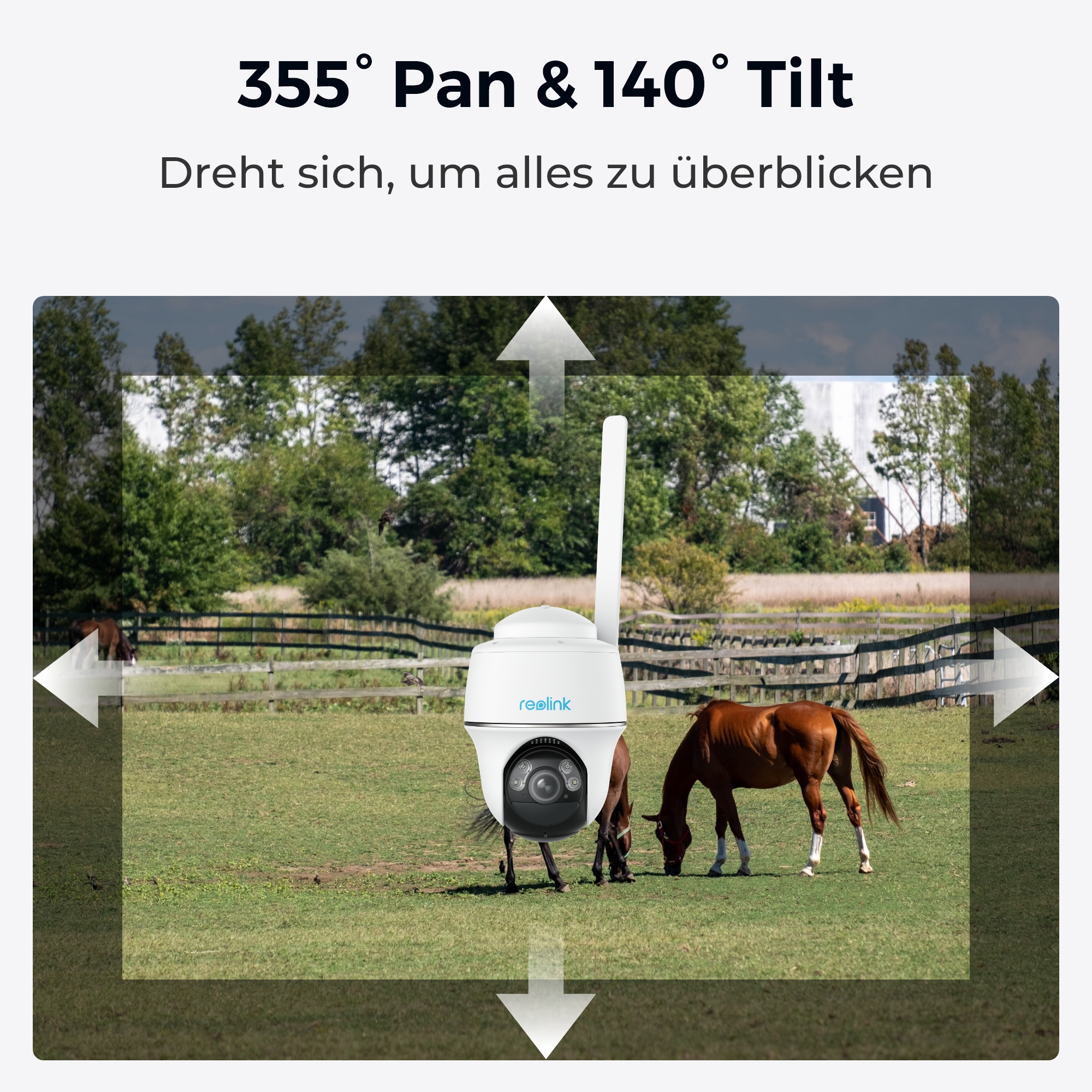 Überwachungskamera auf Gras, grasende Pferde, mit Text-Overlay, das Schwenken und Neigen anzeigt.
