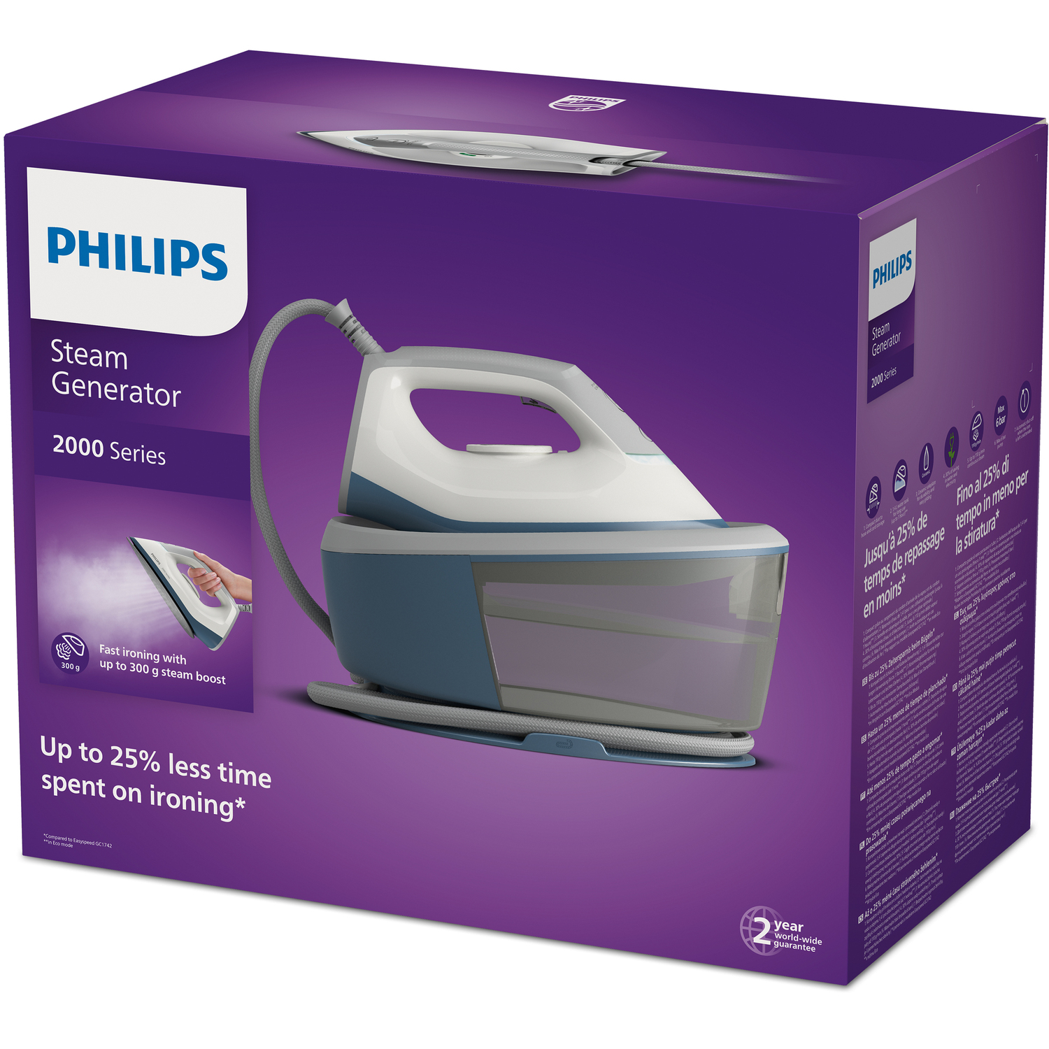 Fer à repasser avec générateur de vapeur Philips en boîte, détails sur l'efficacité.