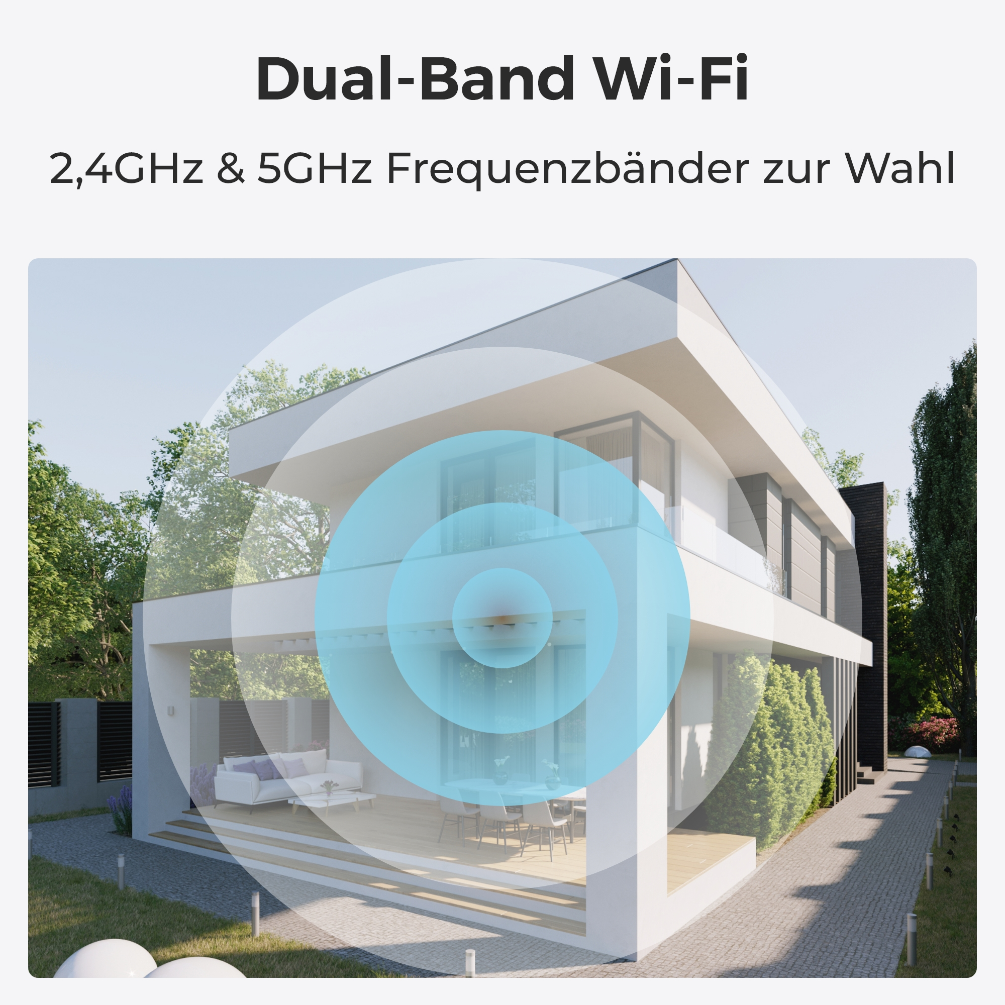 Ein modernes Haus mit einer nach außen strahlenden WLAN-Signal-Grafik.