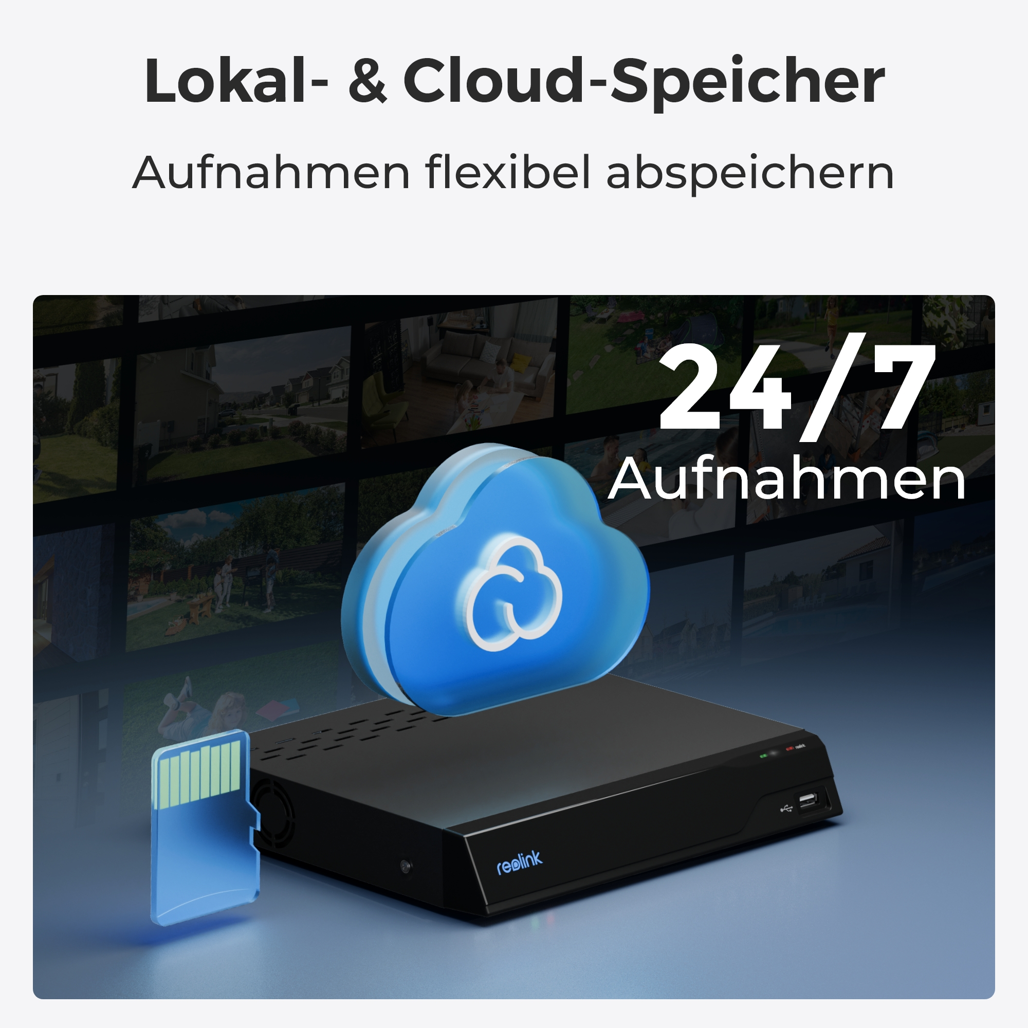 Ein DVR-Gerät mit Cloud-Symbol, Speicherkarte und 24/7-Text.
