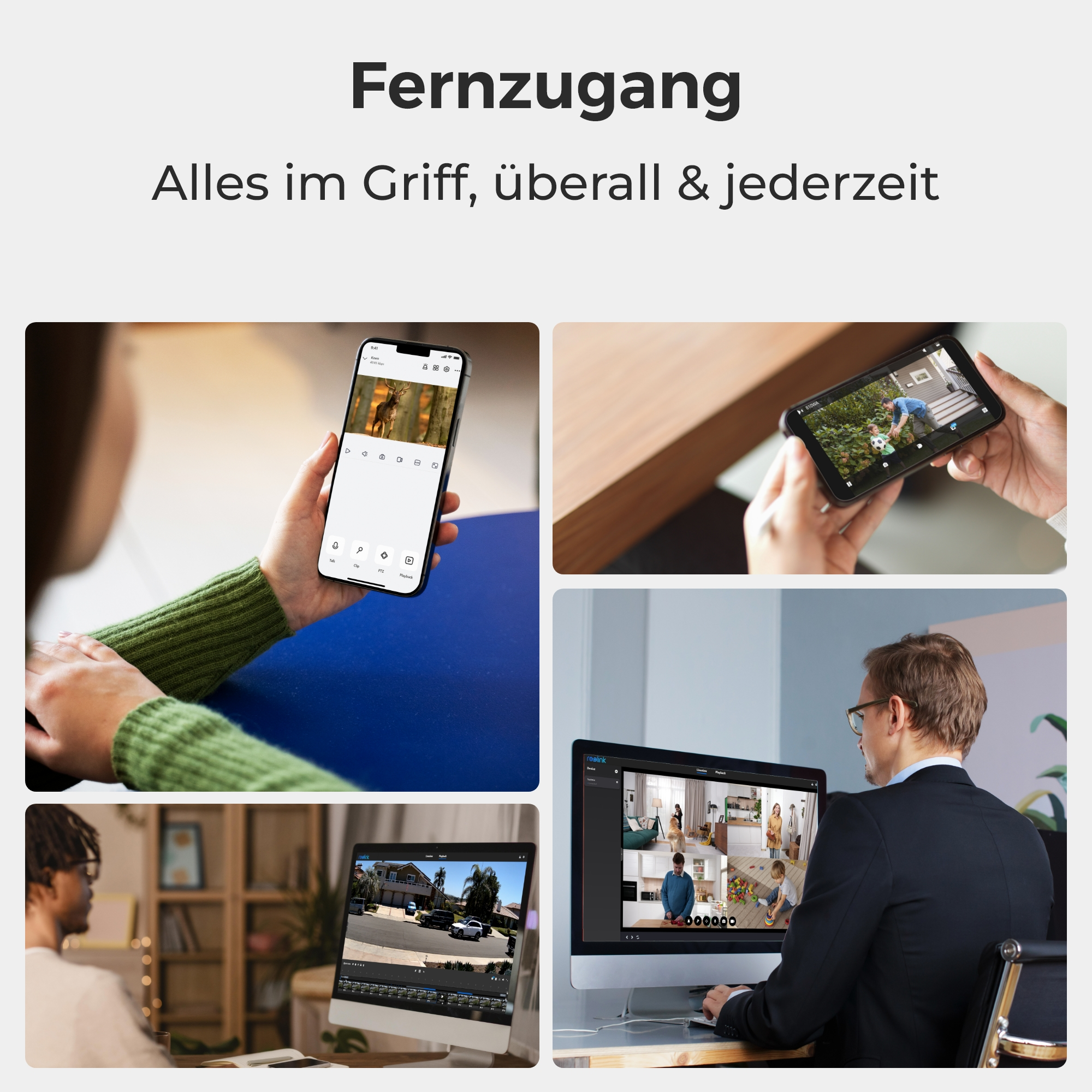 Bildschirme mit Live-Video-Feeds von verschiedenen Orten, aufgerufen über Mobilgeräte und Computer.