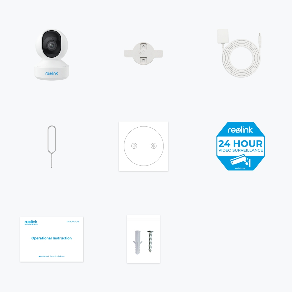 Reolink Überwachungskamera-Kit: Kamera, Montageplatte, Kabel und Zubehör.