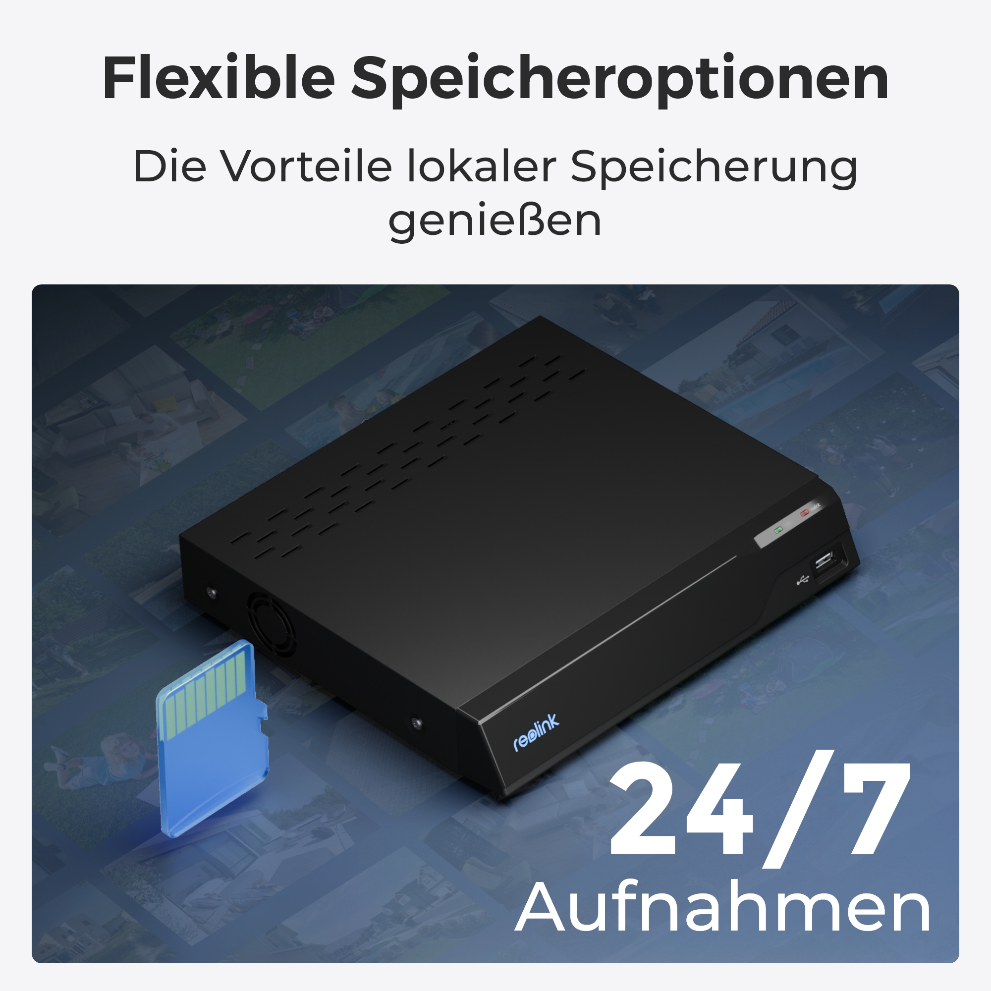 Schwarzer DVR mit SD-Karte und 24/7-Aufzeichnungstext. Schwarzer Hintergrund mit Bildern.