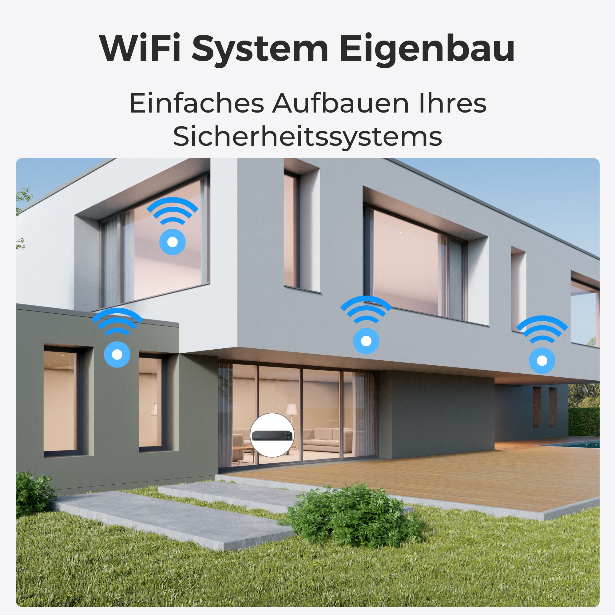 Modernes Haus mit WLAN-Symbolen darüber. Text: WiFi System Eigenbau.