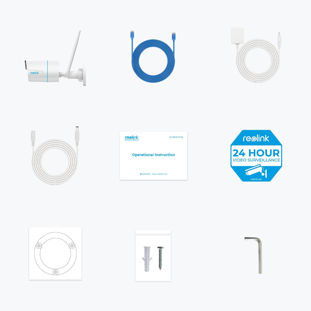 Verschiedene Überwachungskamerakomponenten, einschließlich Kamera, Kabel und Anweisungen.