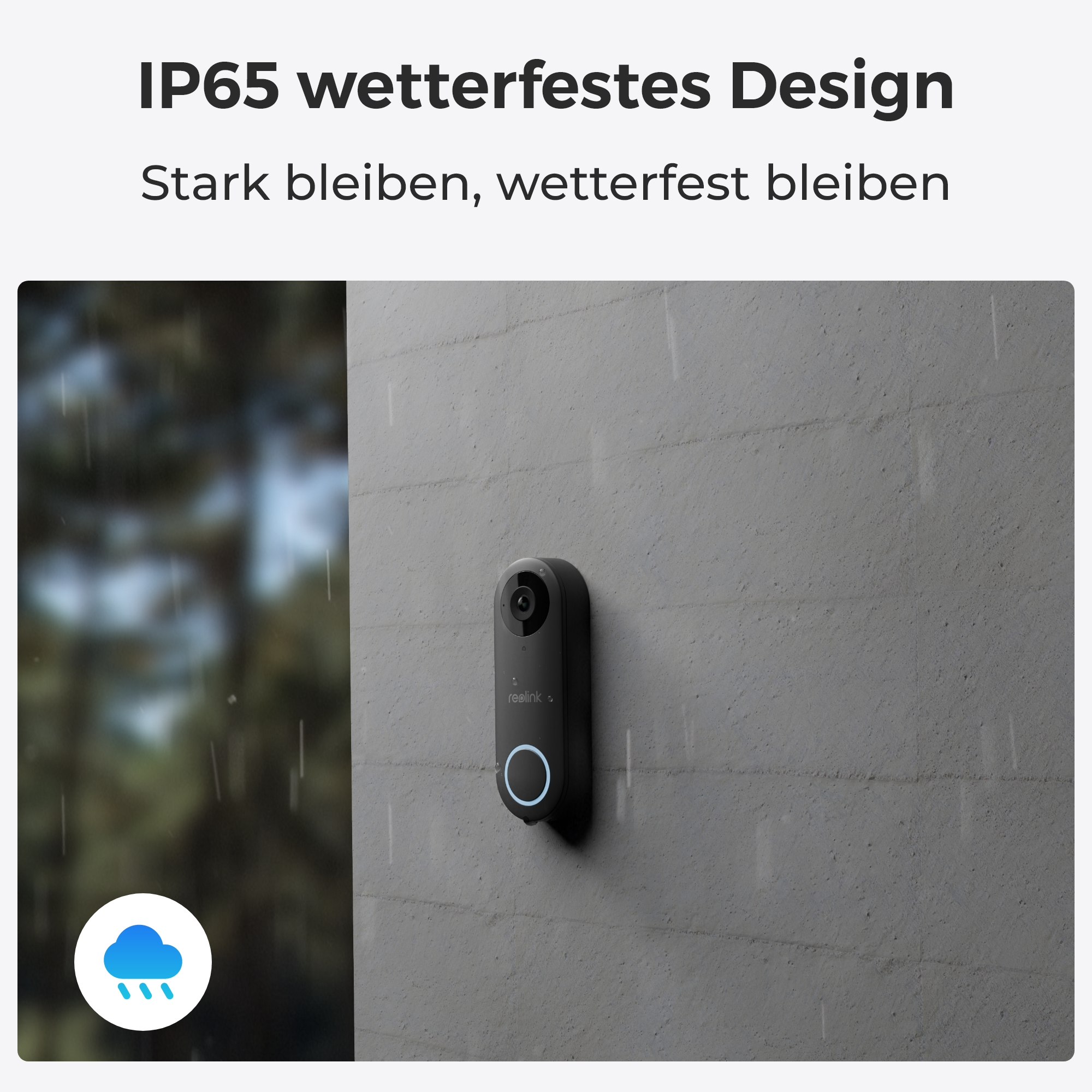 Schwarze Türklingel an einer Betonmauer mit Regen-Effekt. Text: IP65 wetterfestes Design.
