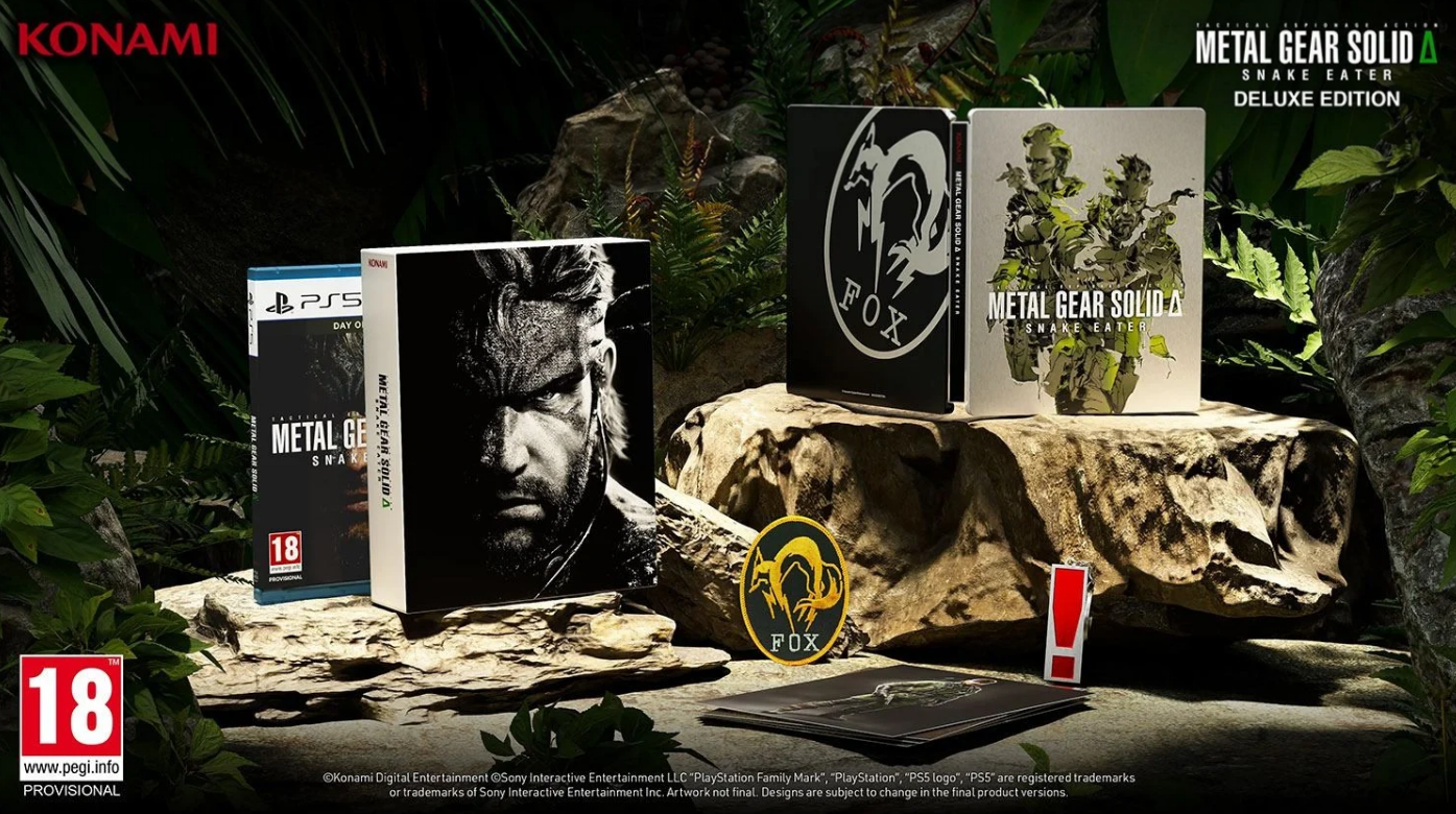 Videospielboxen für 'Metal Gear Solid Δ: Snake Eater', mit Logos und einem roten Siegel.