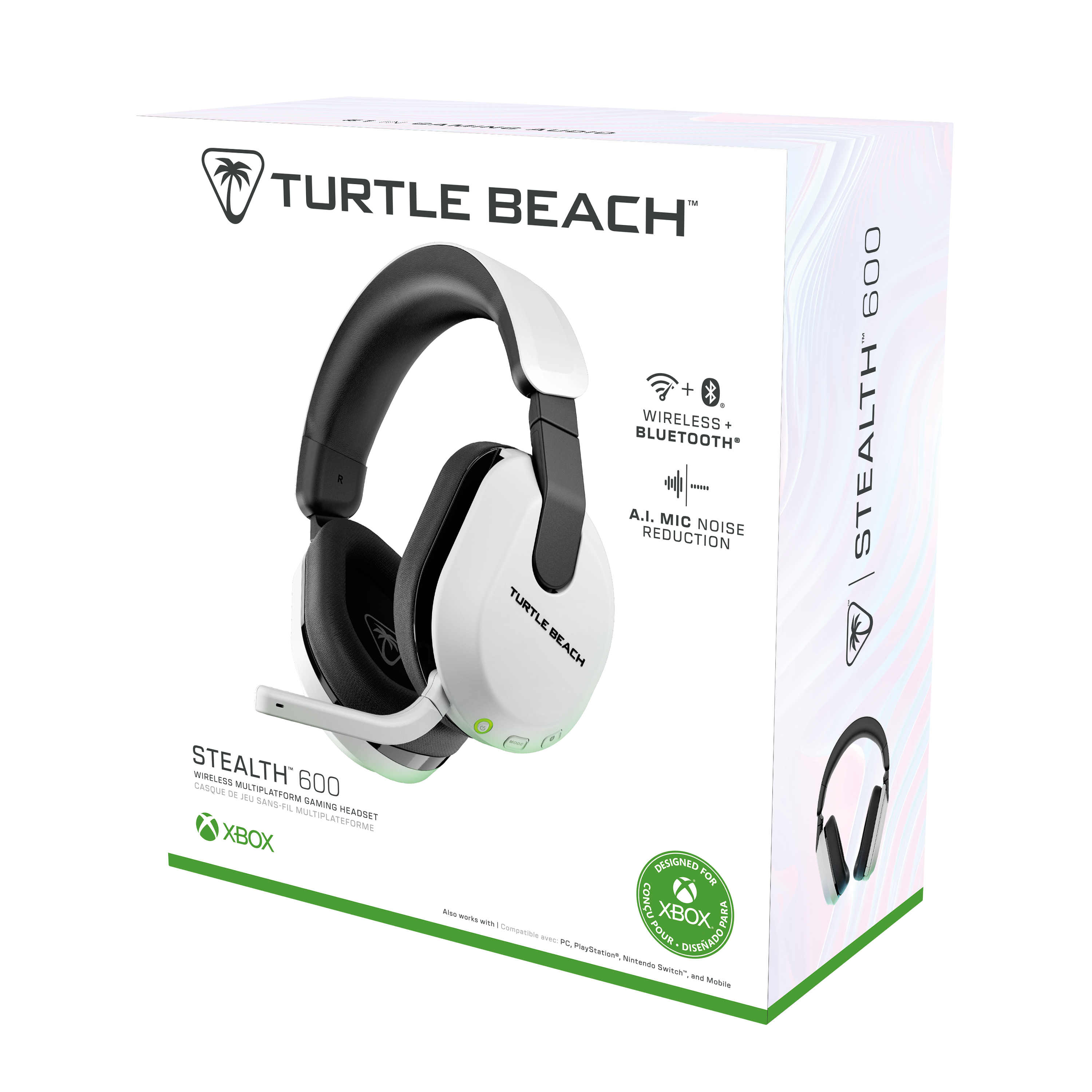 Weiß-schwarzes Gaming-Headset mit Mikrofon, auf einer weißen Box mit Text und einem Headset-Bild.