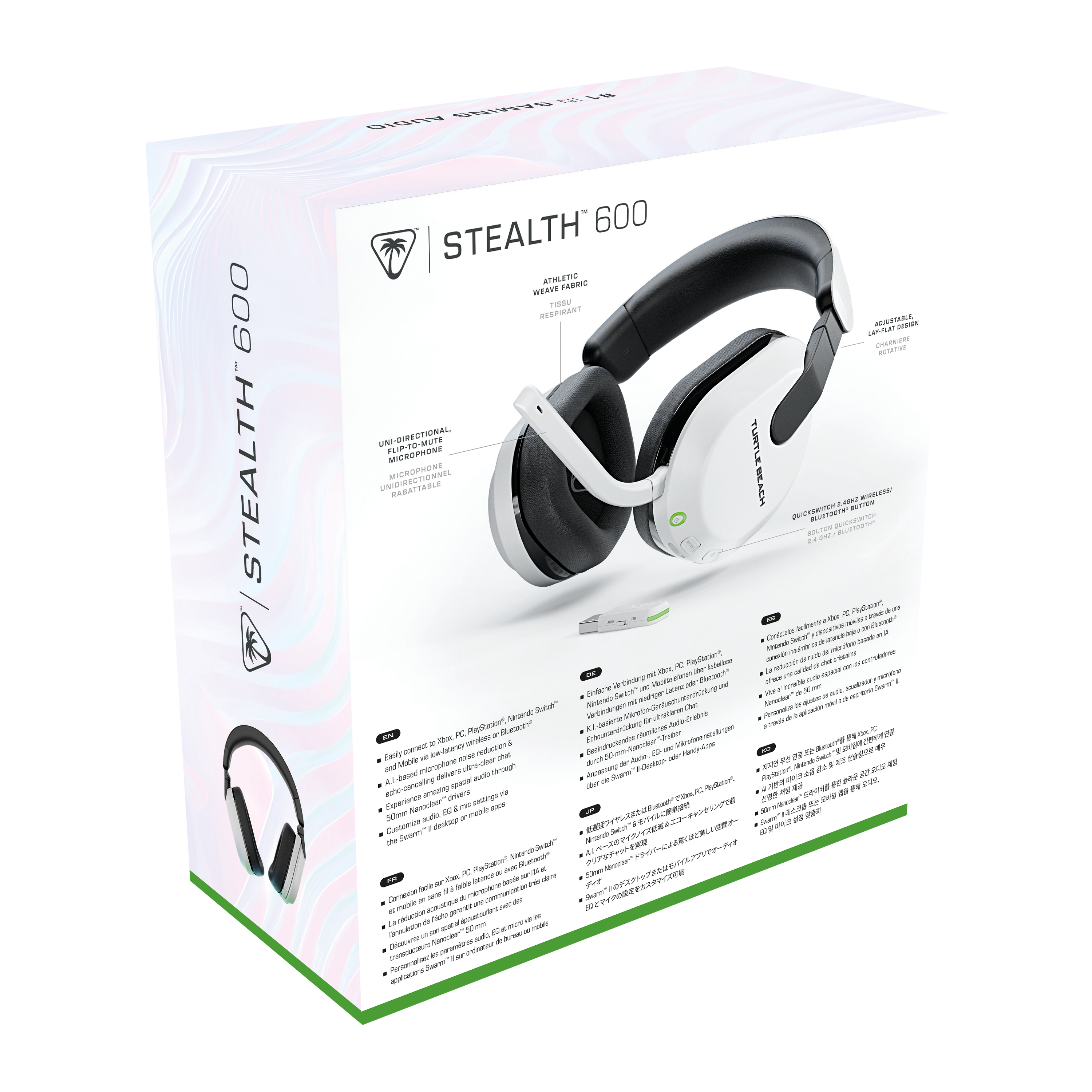 Headset-Box mit Headset-Bild. Stealth 600-Text. Weiße und schwarze Farben.