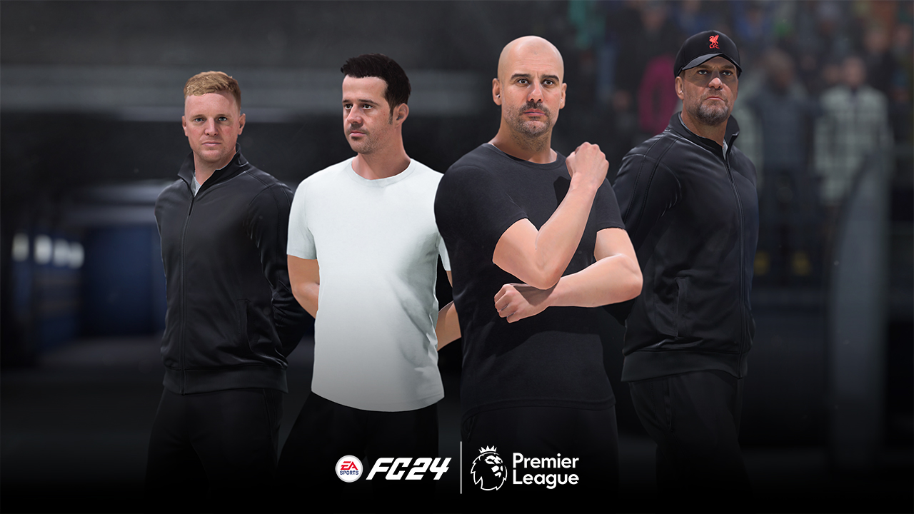 Czterech menedżerów piłkarskich z EA FC24: Klopp, Guardiola i dwóch innych. Widoczne logo Premier League.