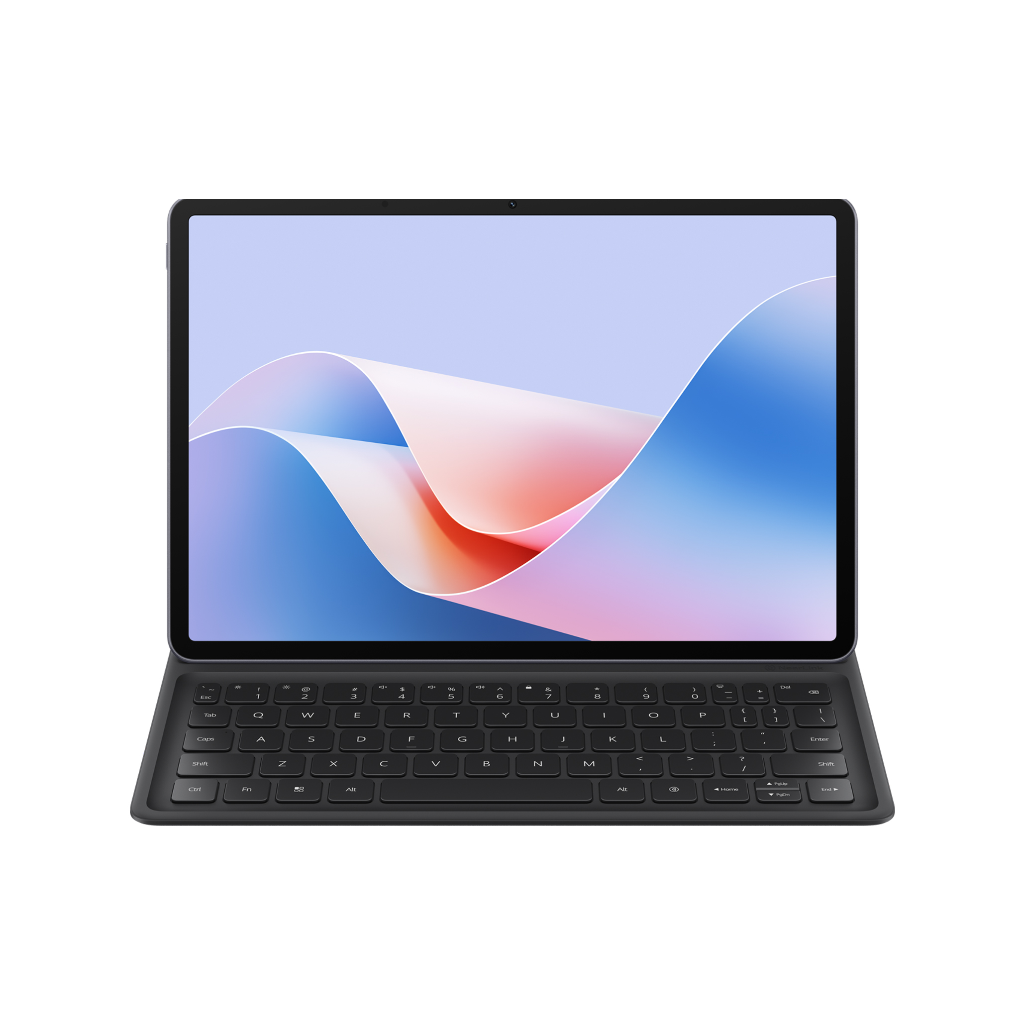Klavyeli kılıfı olan siyah tablet, renkli soyut bir görüntü gösteriyor.