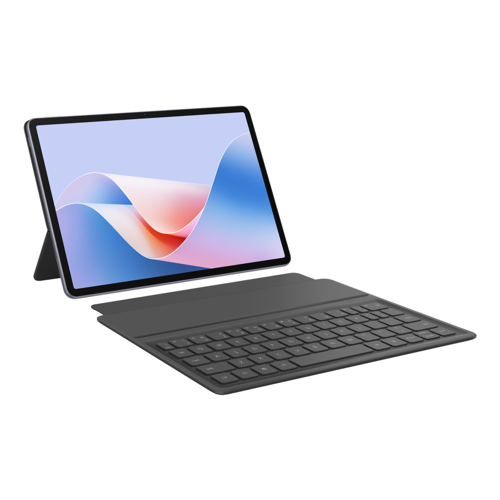 Klavye kılıfı olan tablet. Tablet ekranı renkli soyut bir görüntü gösteriyor.