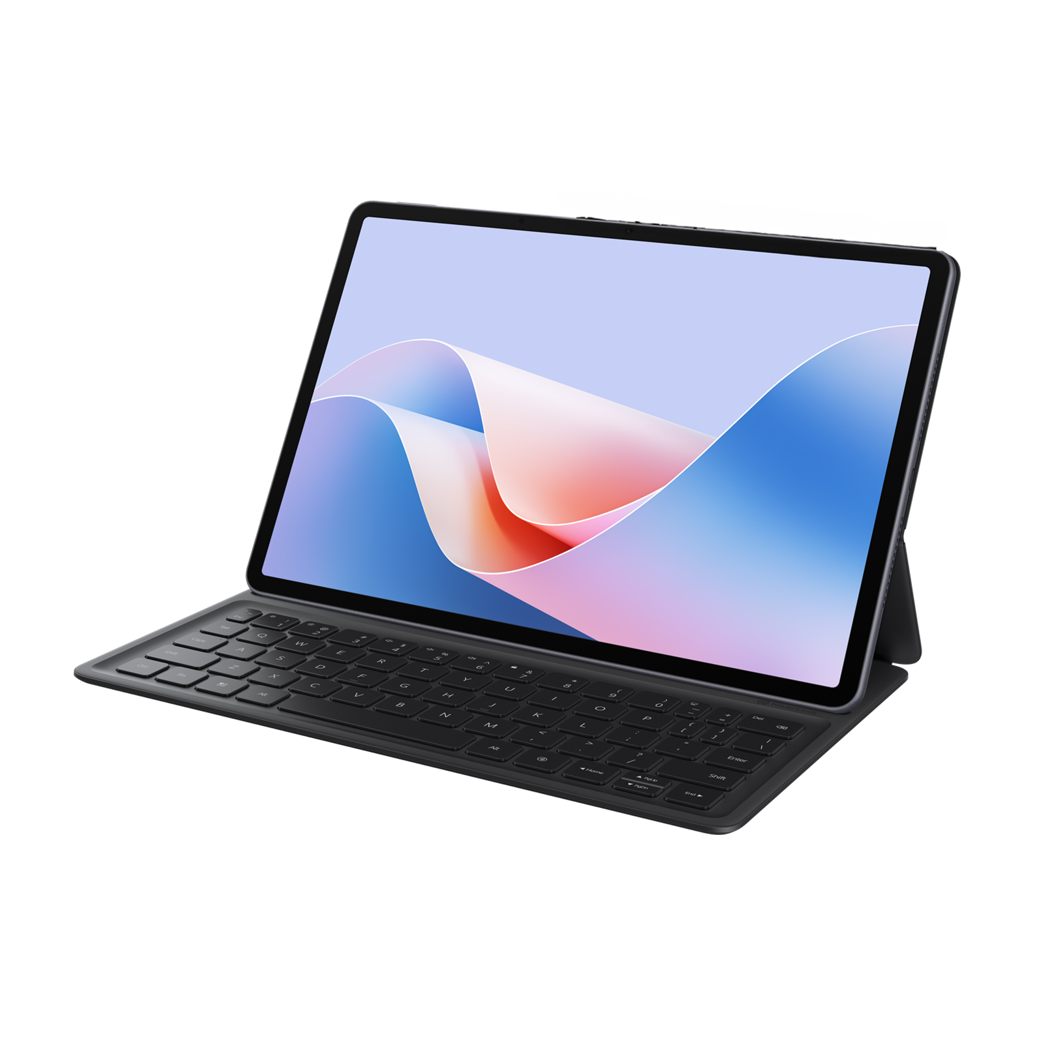 Klavye ile siyah bir tablet. Ekran, mavi ve beyaz soyut bir tasarım görüntüler.