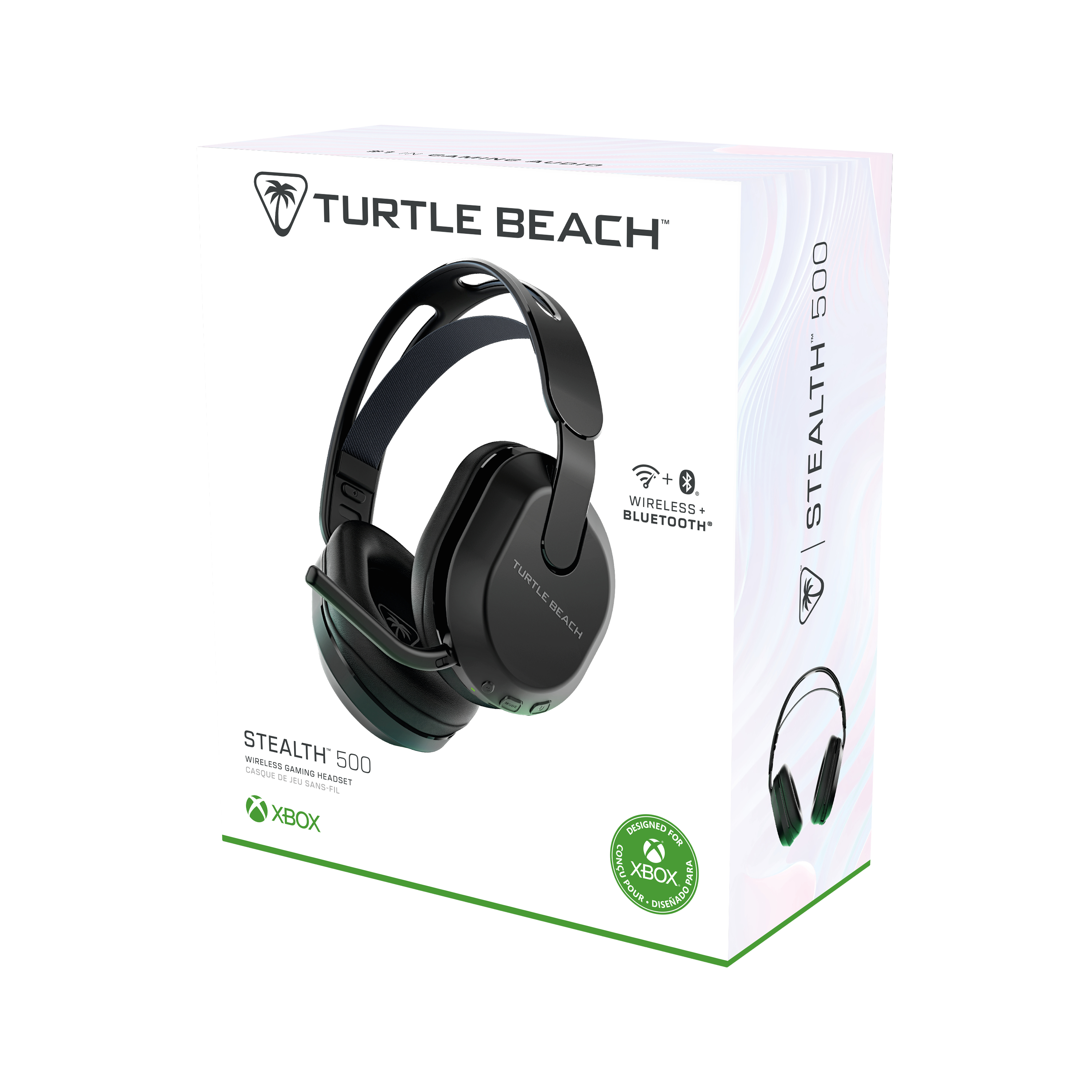 Kopfhörer in einer Box. Schwarzes Turtle Beach Stealth 500 Wireless-Headset für Xbox.