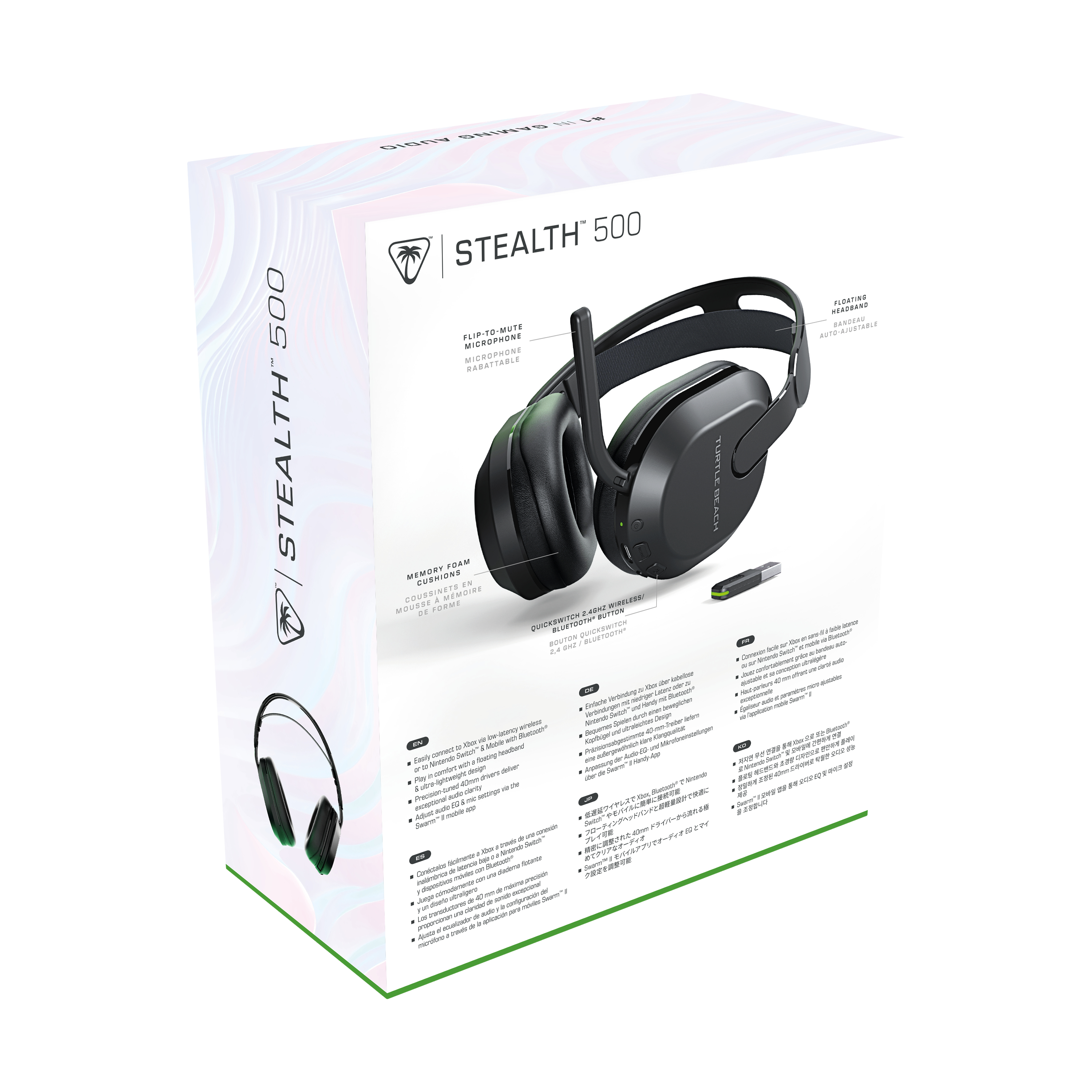 Kopfhörerbox: schwarzes Headset mit Mikrofon, Merkmale aufgelistet, Text und Diagramme auf weißem Hintergrund.