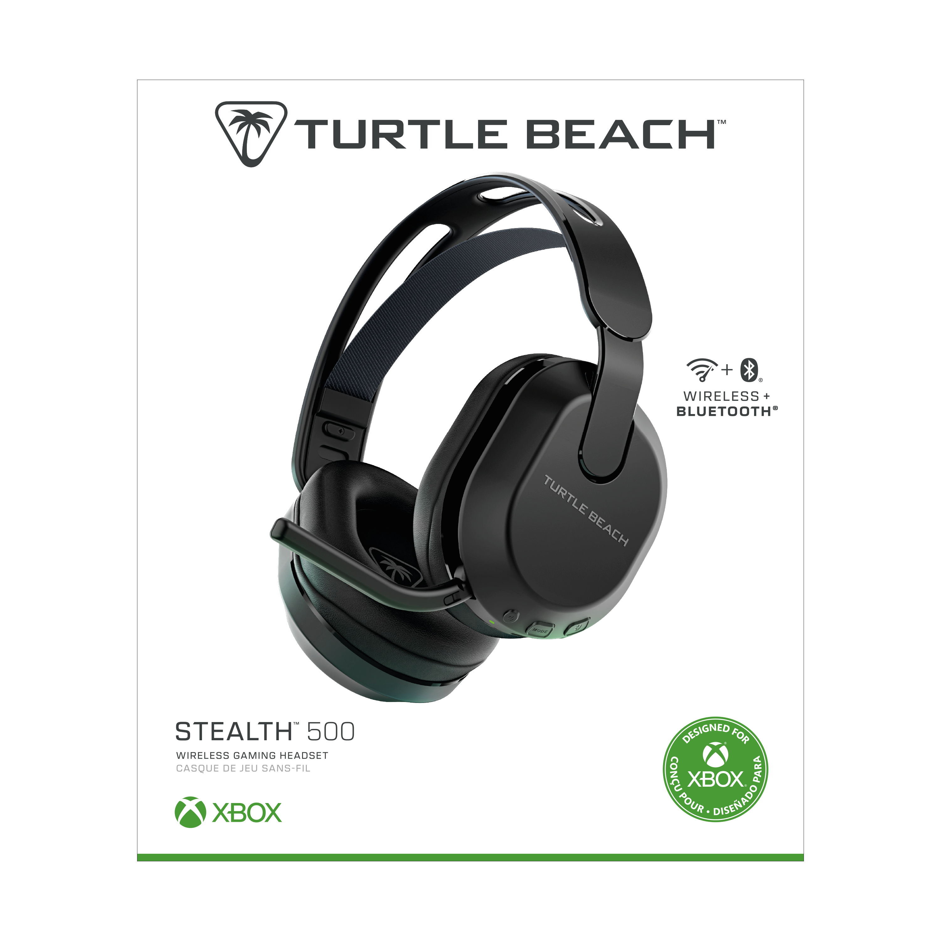 Schwarzes Turtle Beach Gaming-Headset auf weißem Hintergrund, mit Wireless- und Bluetooth-Symbolen.