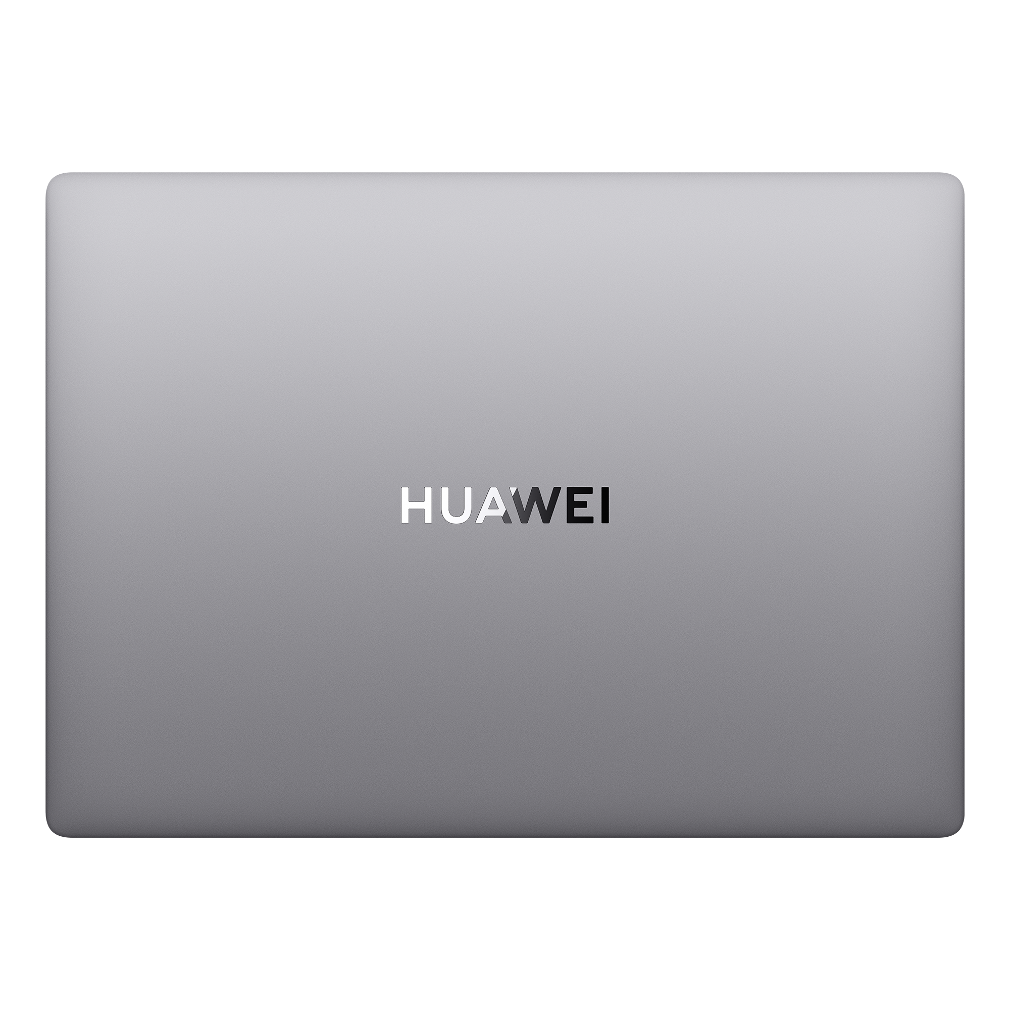 Siyah bir arka plan üzerinde, kapağında beyaz renkte 'HUAWEI' yazan gümüş renkli bir dizüstü bilgisayar.