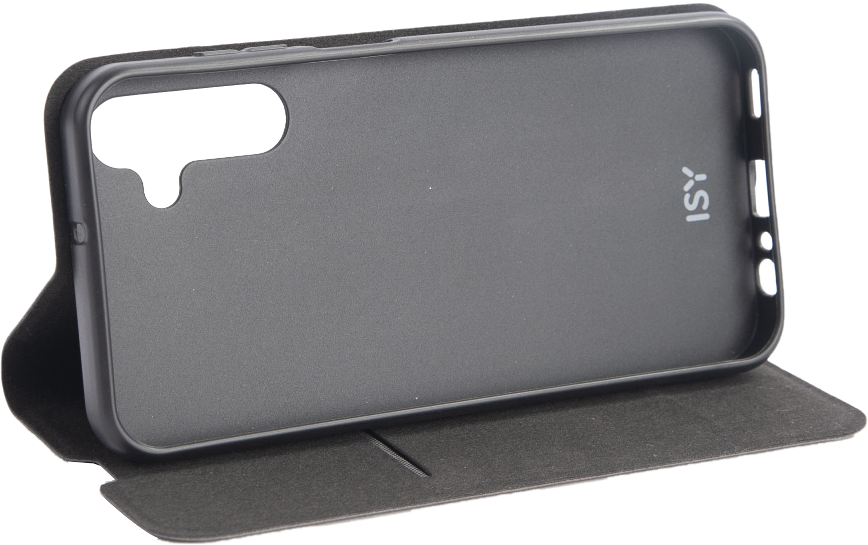 Étui de téléphone noir ouvert, montrant l'intérieur et le logo ISY.