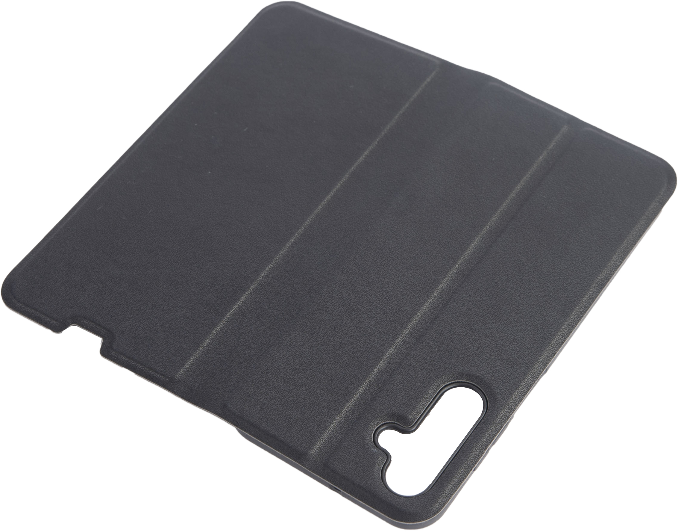 Un étui de tablette noir avec une couverture pliable, vue en plongée.
