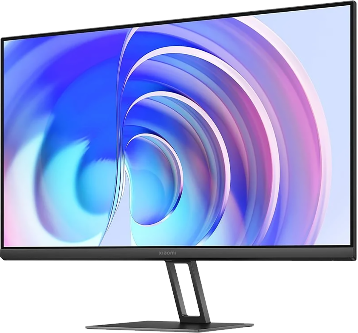 Modern számítógép monitor, vékony kerettel, absztrakt, színes formákkal.
