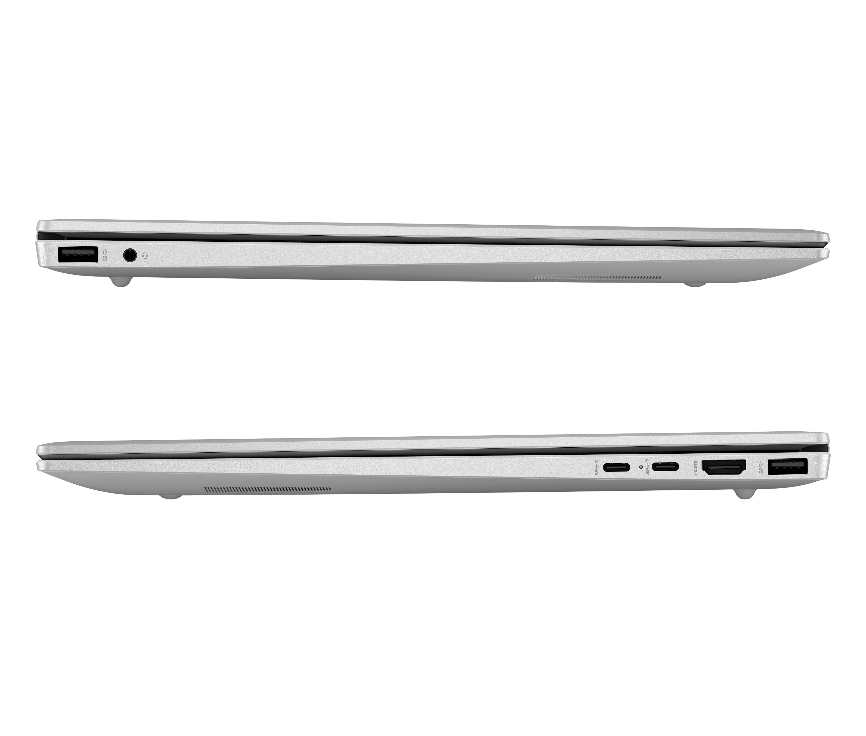 Zwei silberne Laptops, einer über dem anderen, zeigen ihre Seiten mit Anschlüssen.