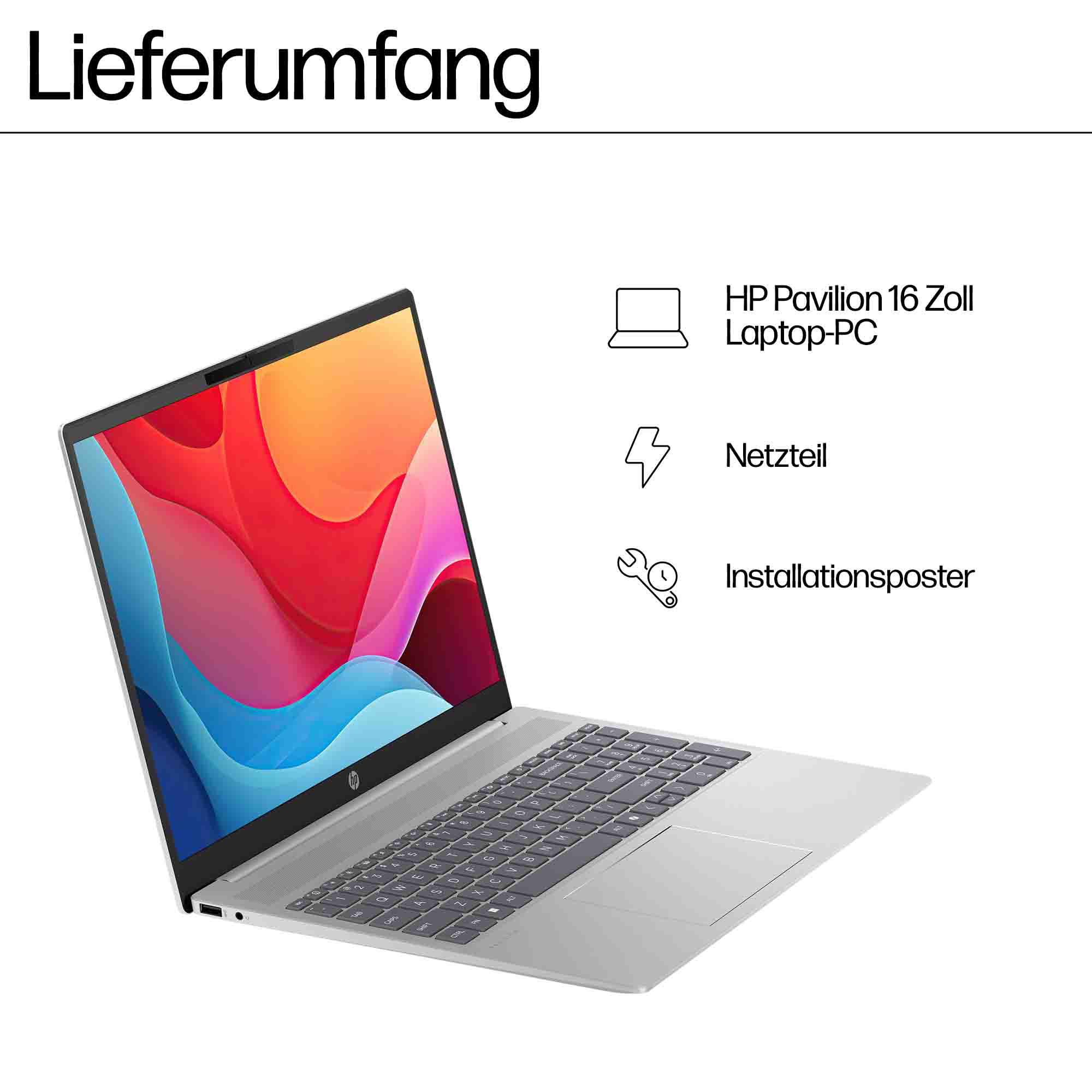 Laptop mit Bildschirm. Silbernes Gehäuse, bunter Bildschirm, weißer Hintergrund.
