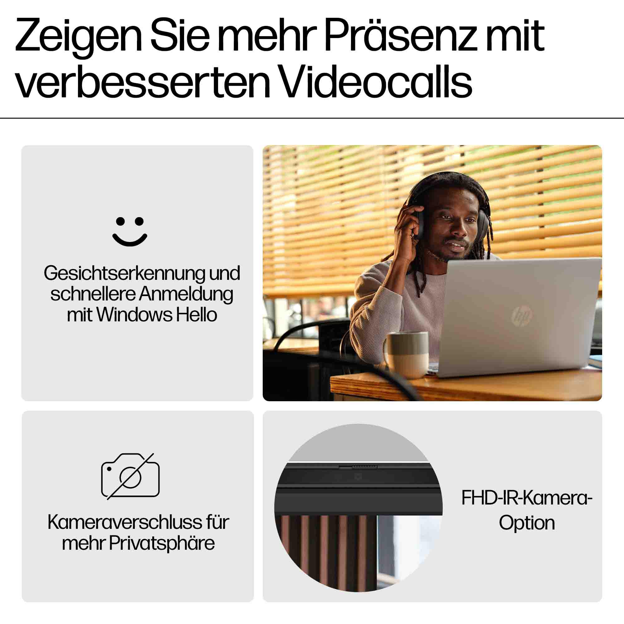 Mann mit Kopfhörern, bei einem Videoanruf. Grafiken zeigen Gesichtserkennung und Kameraschutz.