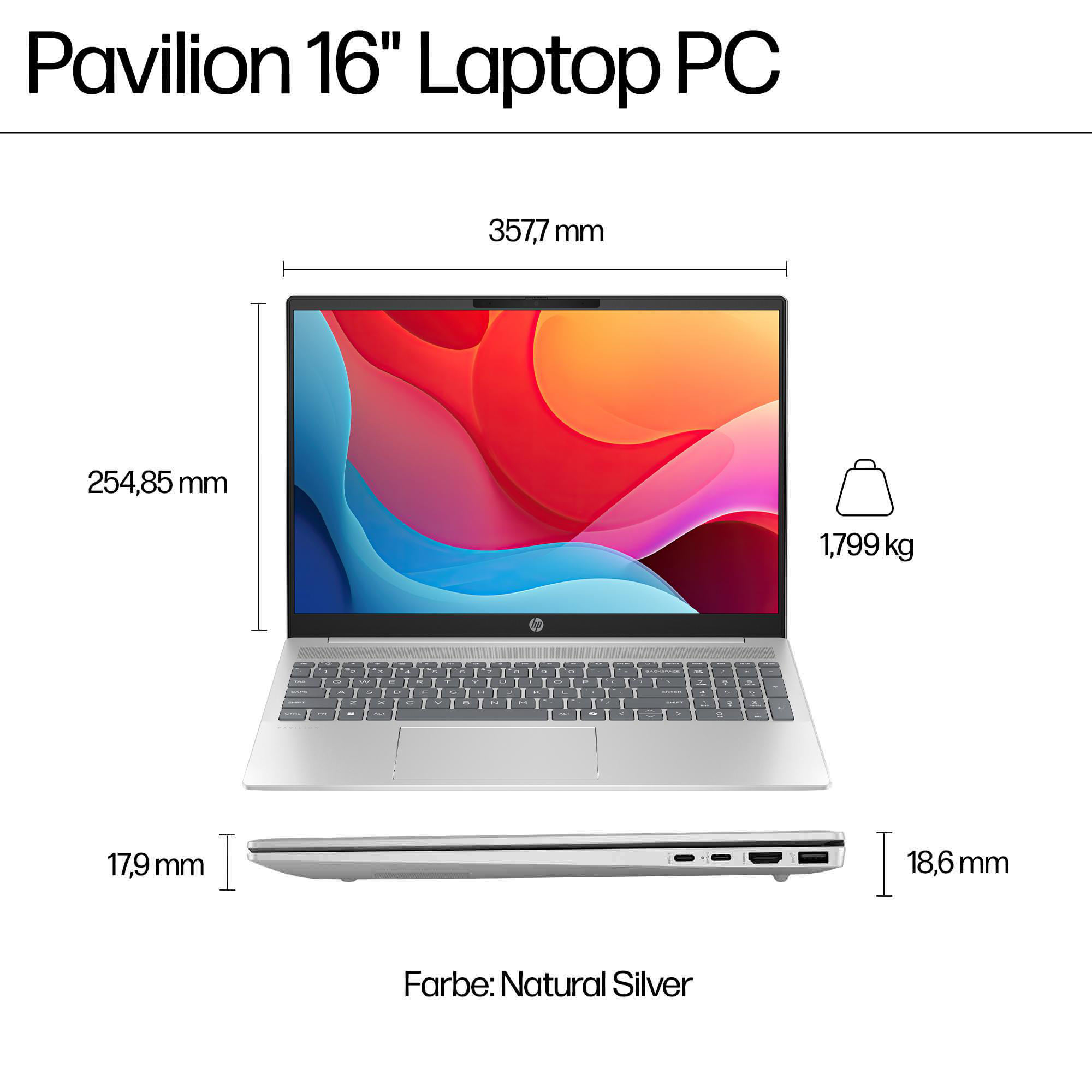 Laptop-PC mit Abmessungen, Gewicht und Farbinformationen. Abmessungen in mm, Gewicht 1,799 kg.