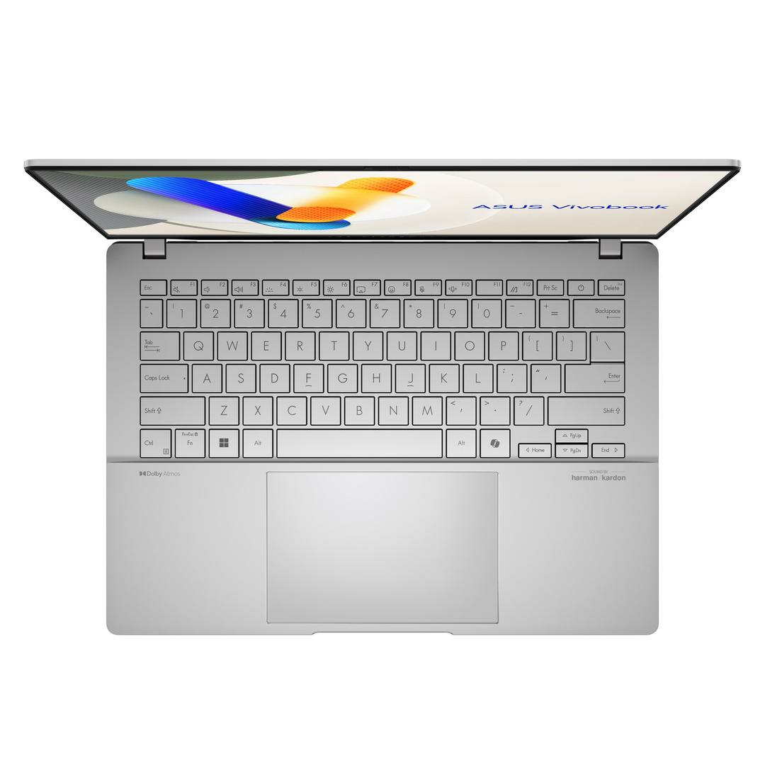 Portátil, abierto, vista superior. Teclado, panel táctil y pantalla. Marca ASUS Vivobook mostrada.