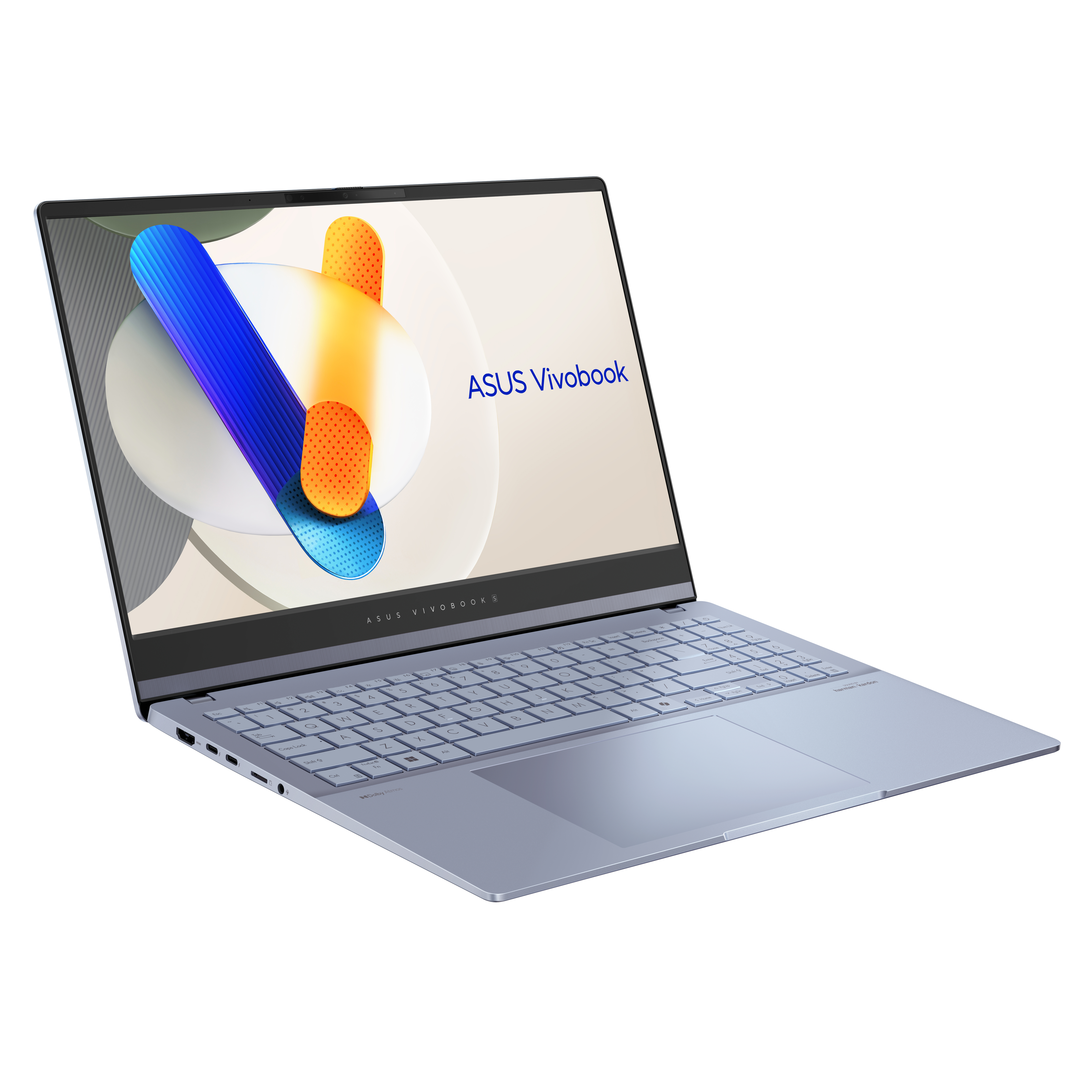 Portátil ASUS Vivobook azul, abierto, mostrando la pantalla con el logotipo ASUS Vivobook y fondo blanco.