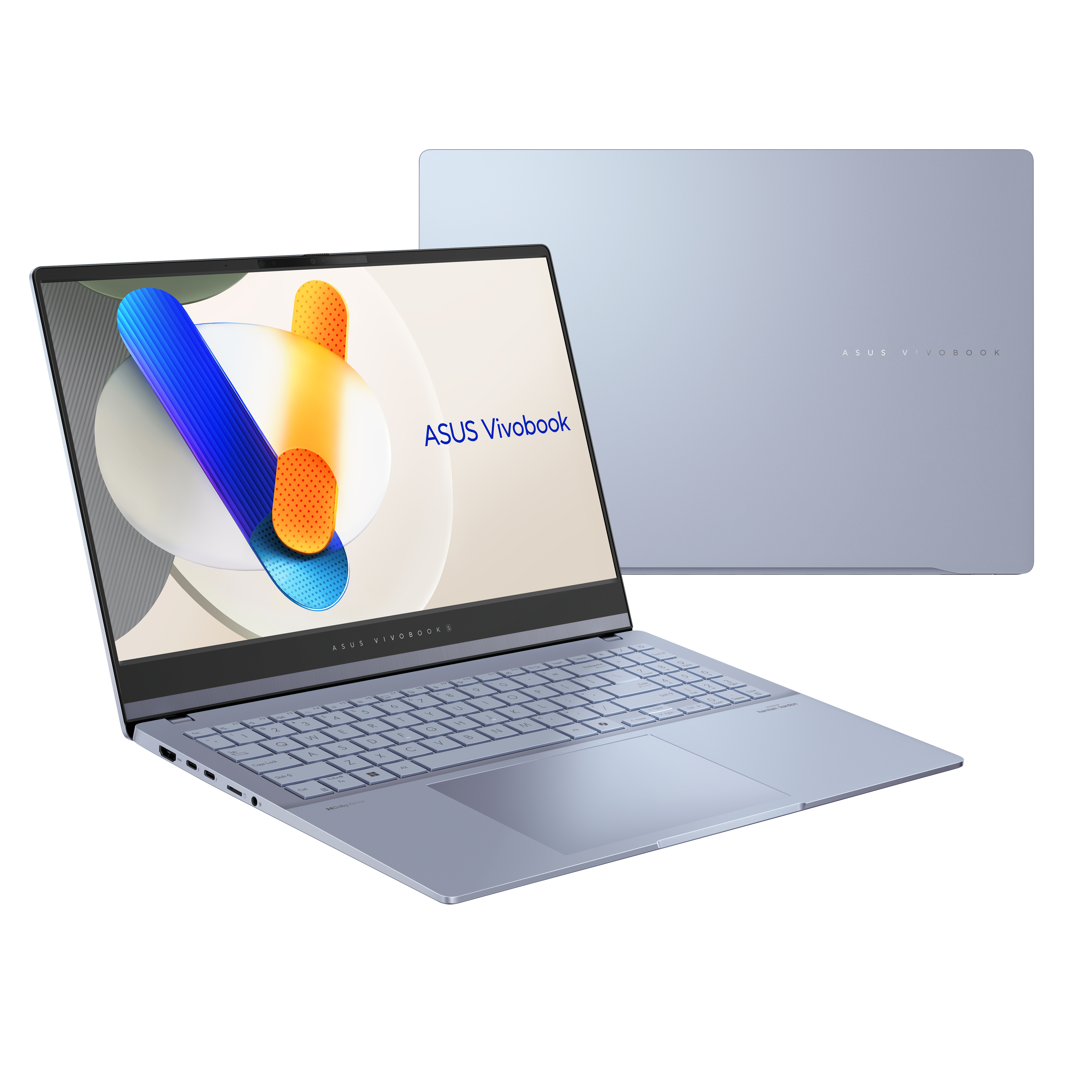 Laptop ASUS Vivobook abierto, mostrando teclado y pantalla con diseño abstracto colorido.
