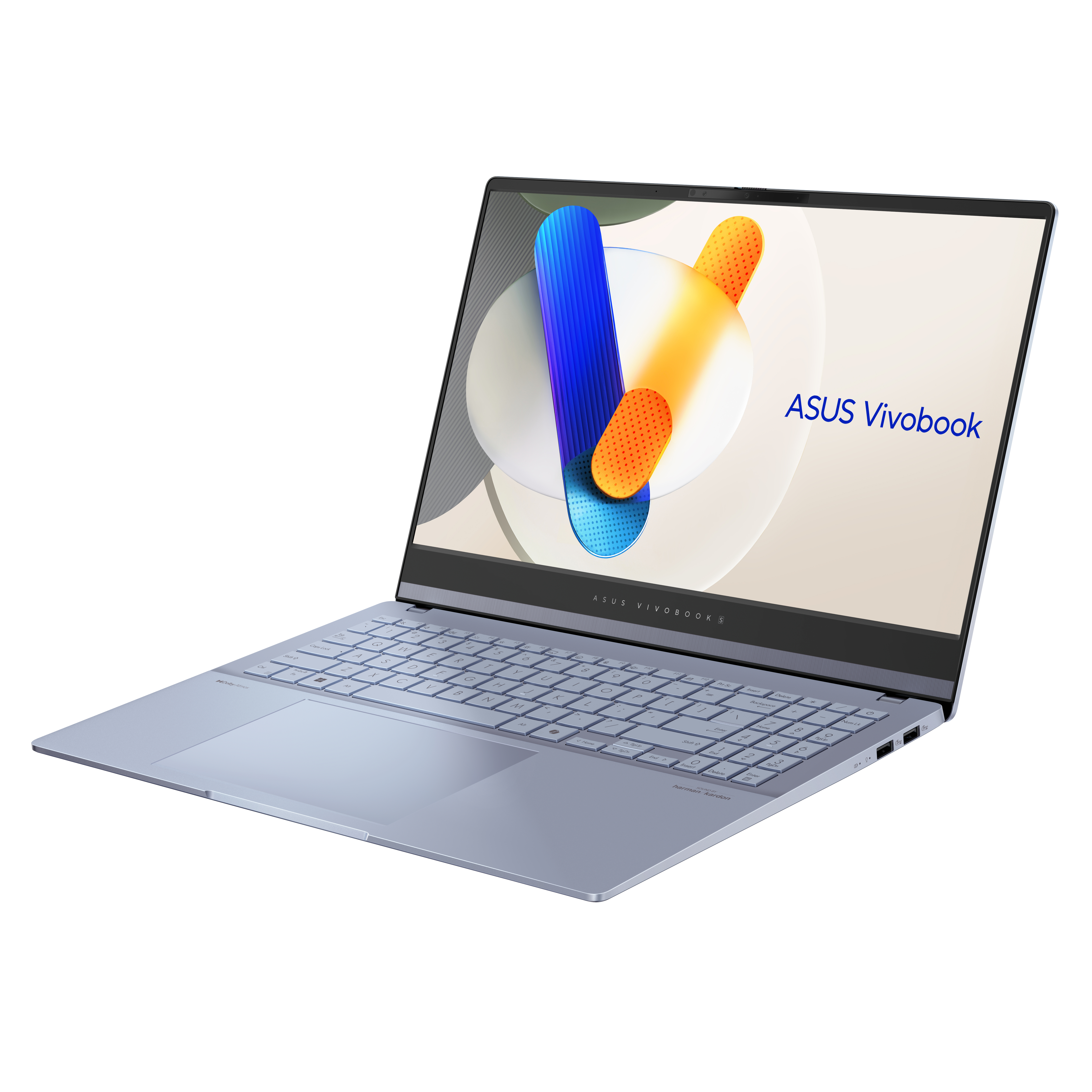 Una laptop azul claro, abierta, con un diseño abstracto colorido en la pantalla.