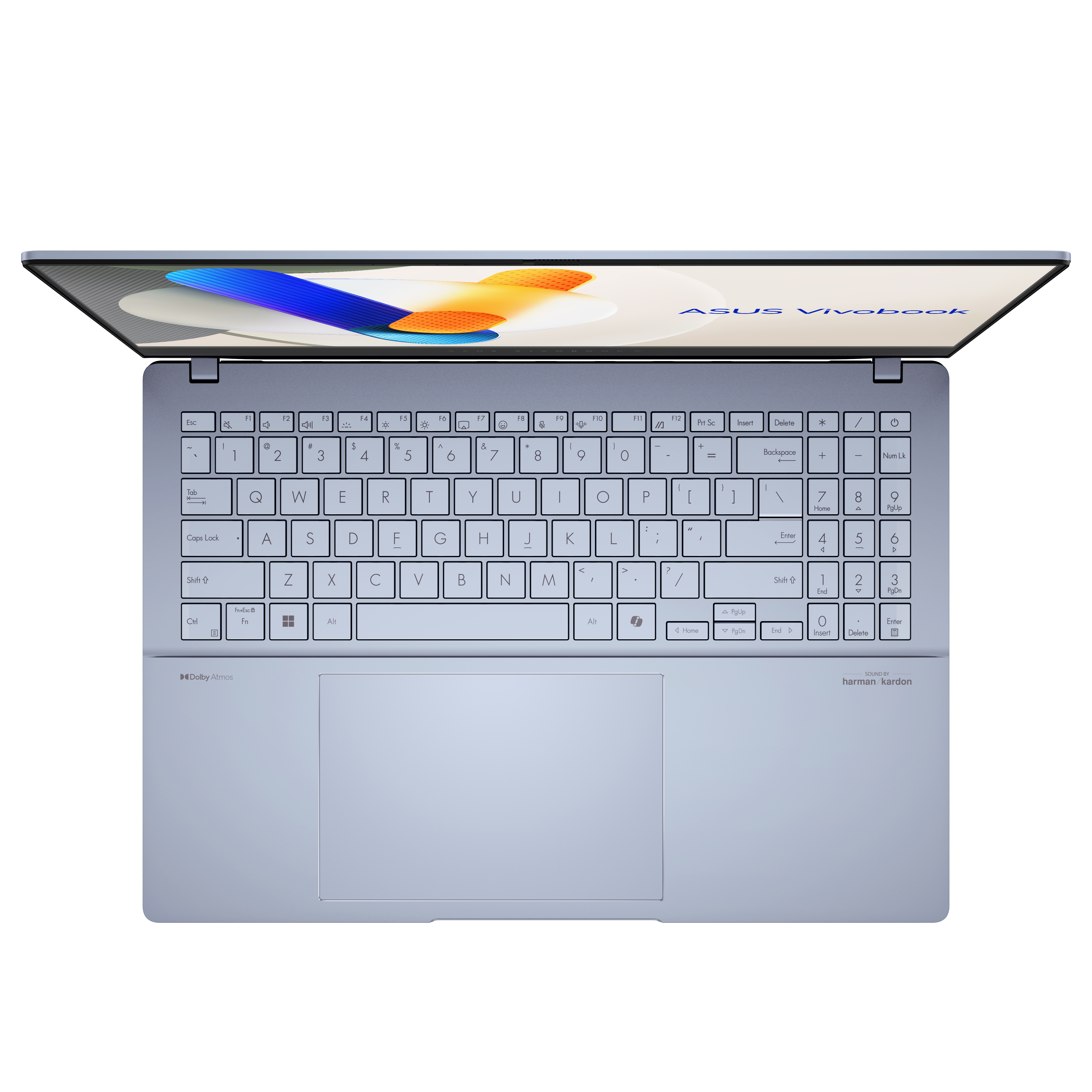 Vista superior de una laptop azul que muestra el teclado y la pantalla.