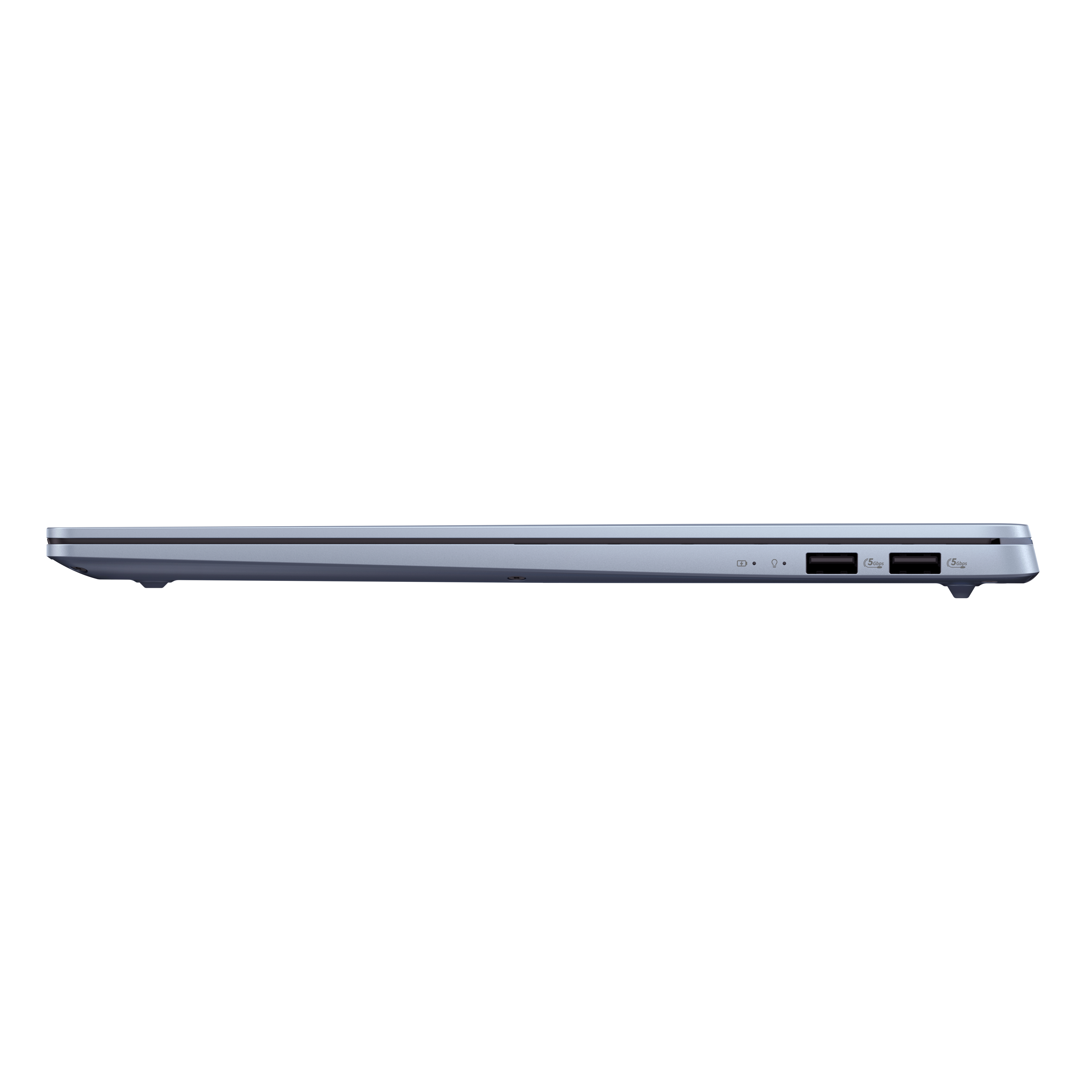Vista lateral de una laptop azul claro. Puertos visibles en el lateral: USB, alimentación y USB-C.