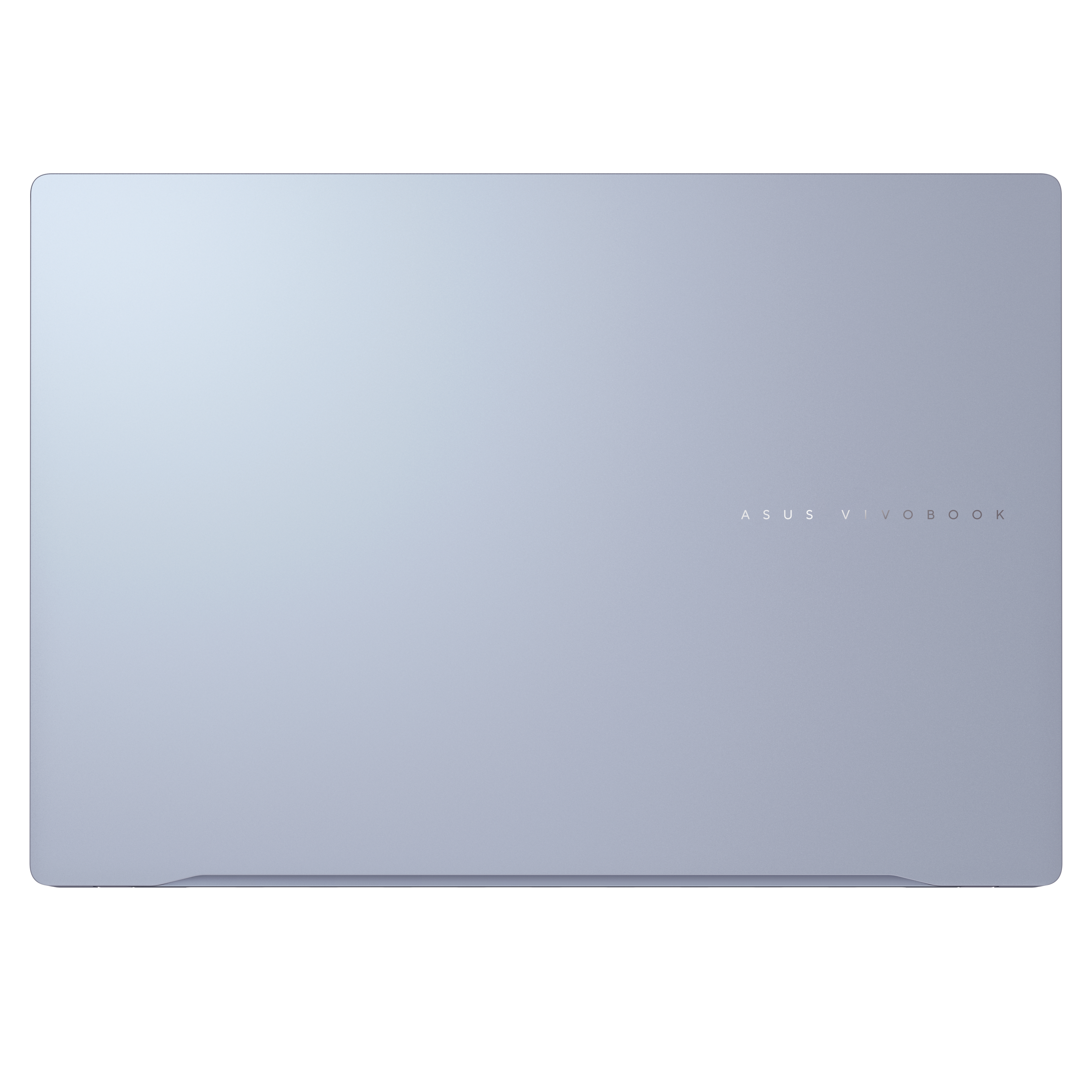 Tapa de portátil, color azul claro, texto ASUS VIVOBOOK en el centro. Fondo blanco.