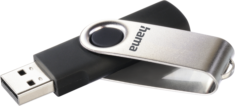 Egy fekete-ezüst USB meghajtó, a 'hama' márkanévvel.