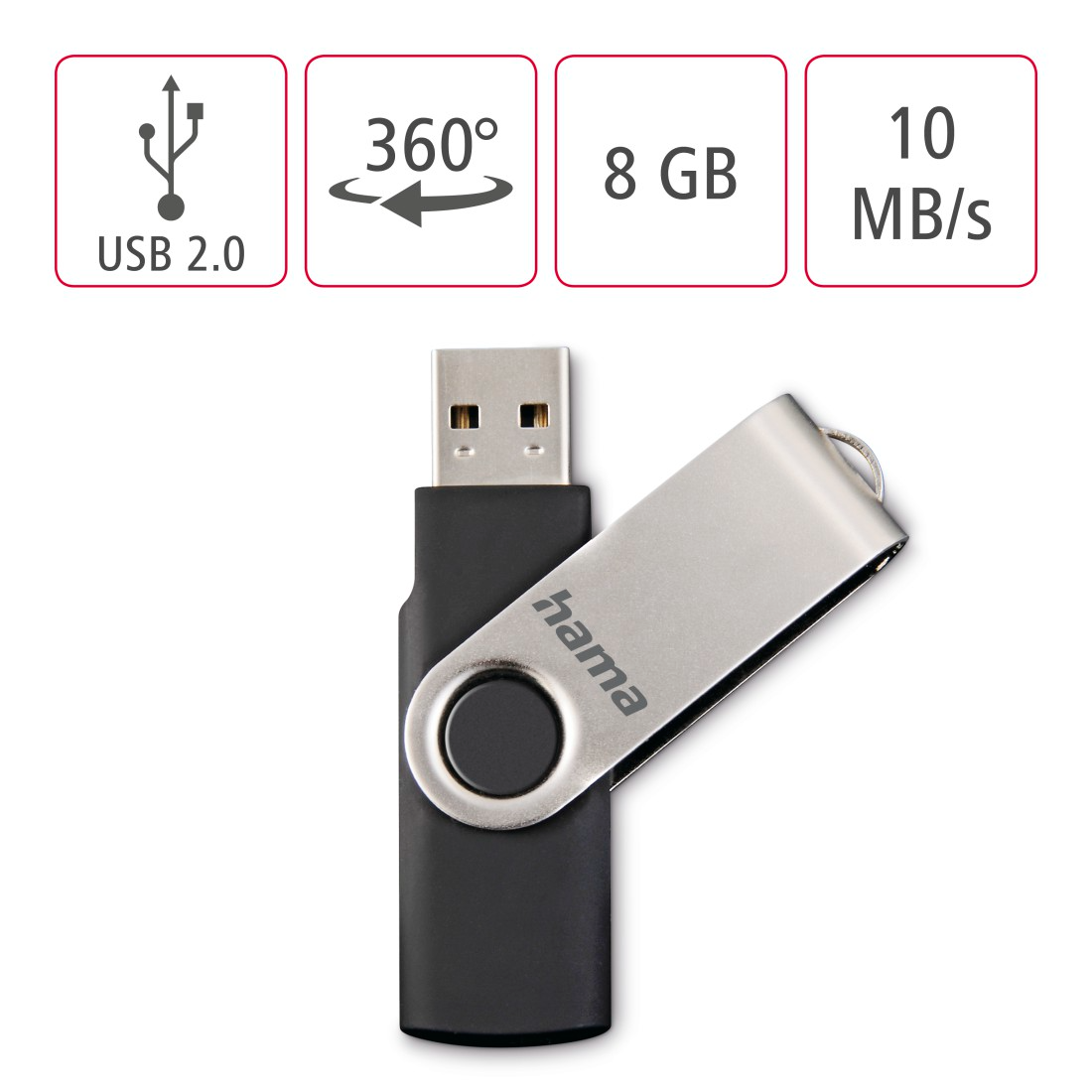 USB meghajtó forgó fémborítással. Fekete test, 8 GB kapacitással. USB 2.0 logó.