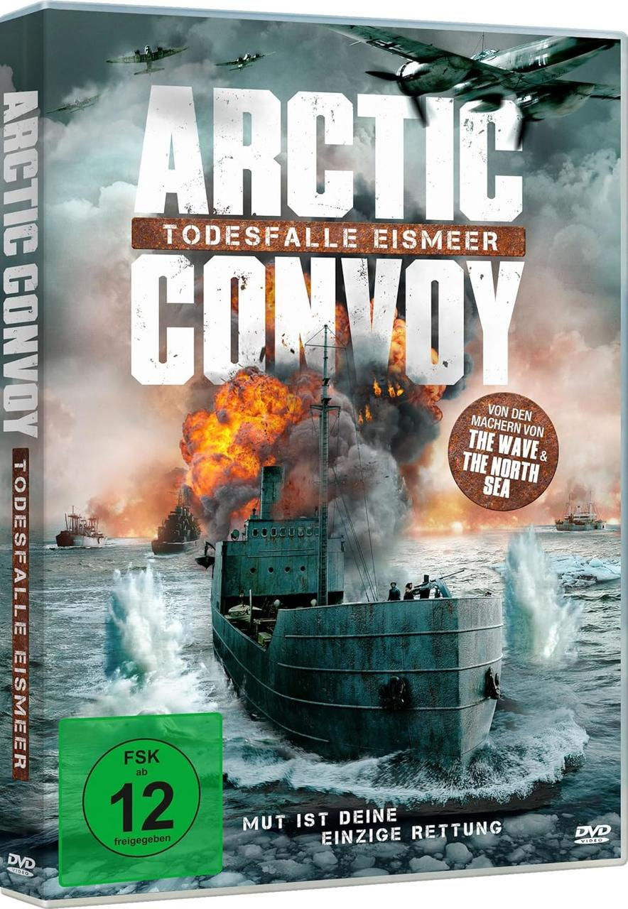 DVD-Cover von 'Arctic Convoy: Todesfalle Eismeer' mit Schiffen und Kampfflugzeugen.