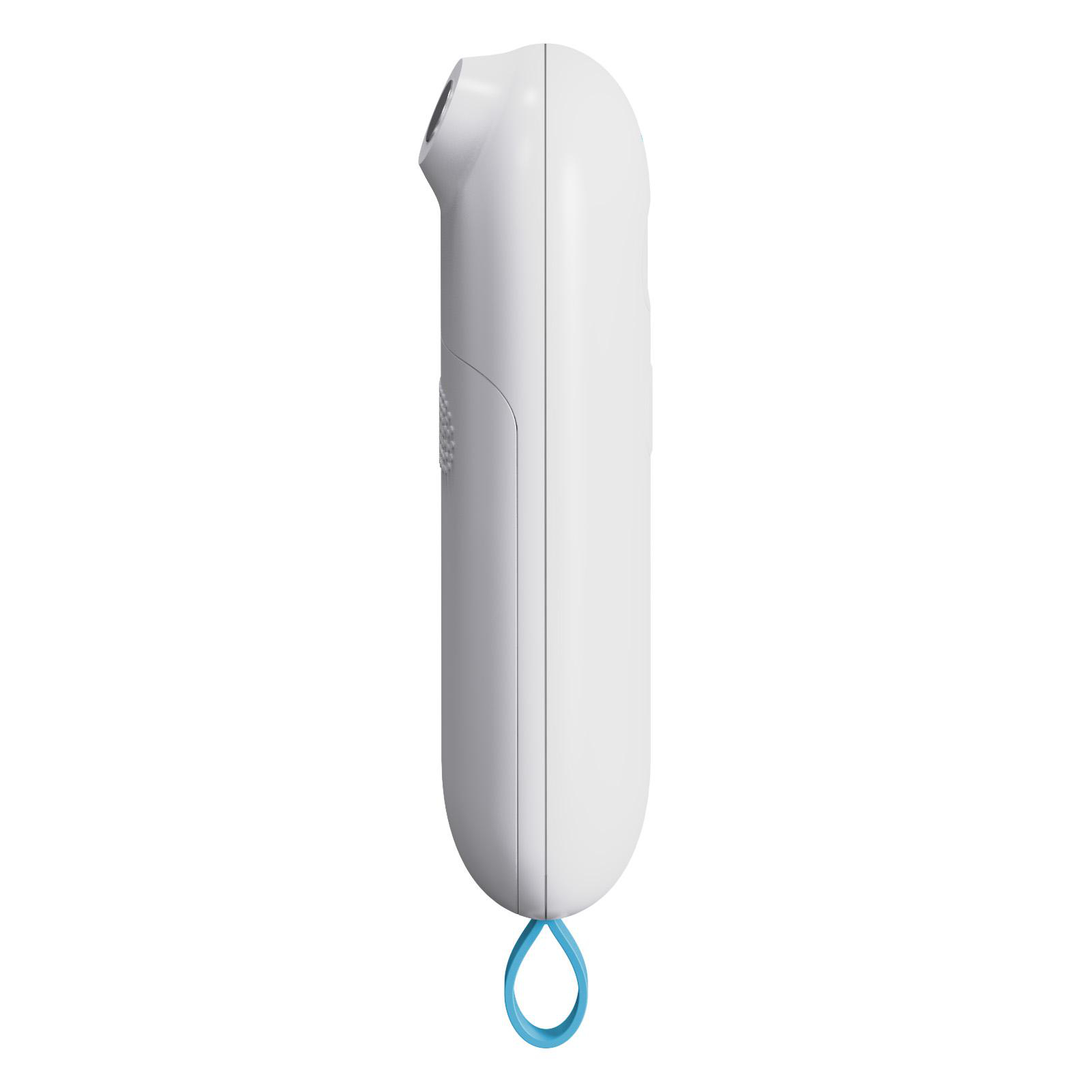 Weißes Thermometer mit einer blauen Schlaufe an der Unterseite. Es hat eine schwarze Spitze und einen Knopf an der Seite.