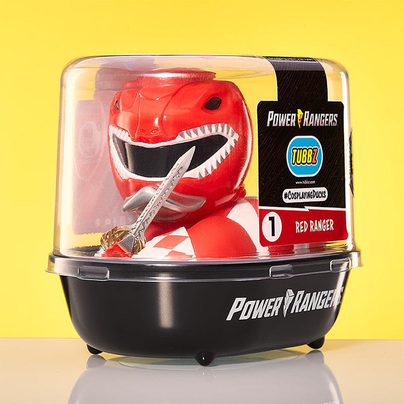 Piros Power Ranger figura átlátszó tartályban, karddal.
